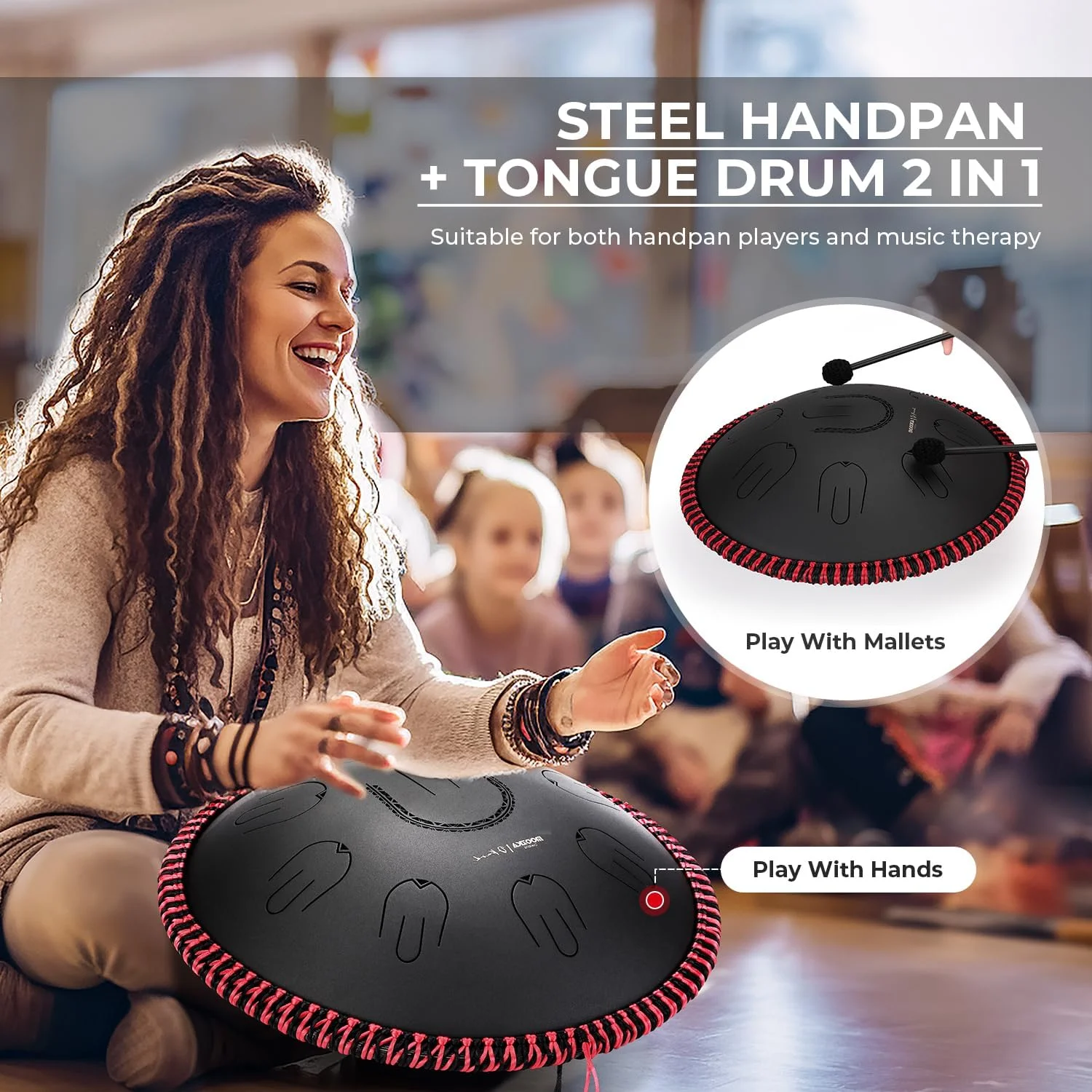 درام تانگ استیل MOOZICA، 14 اینچی، مقیاس D-Kurd قابل حمل با طراحی اکتاو اورتون، درام هندپن برای مبتدی و حرفه ای (D-Kurd، مشکی)