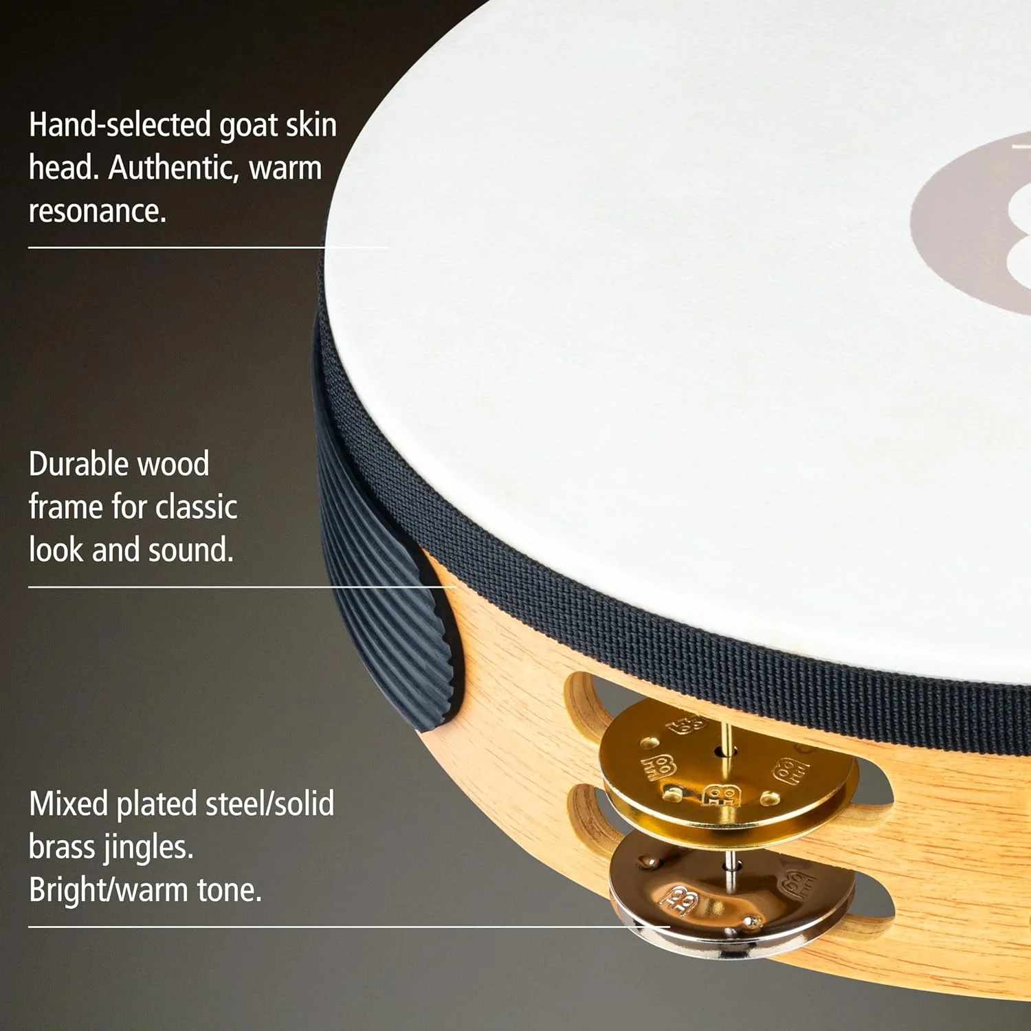 دف چوبی سنتی 10 اینچی Meinl Percussion TAH2M-SNT با پوست بز و سنج های آلیاژی دوتایی، 2 ردیفه