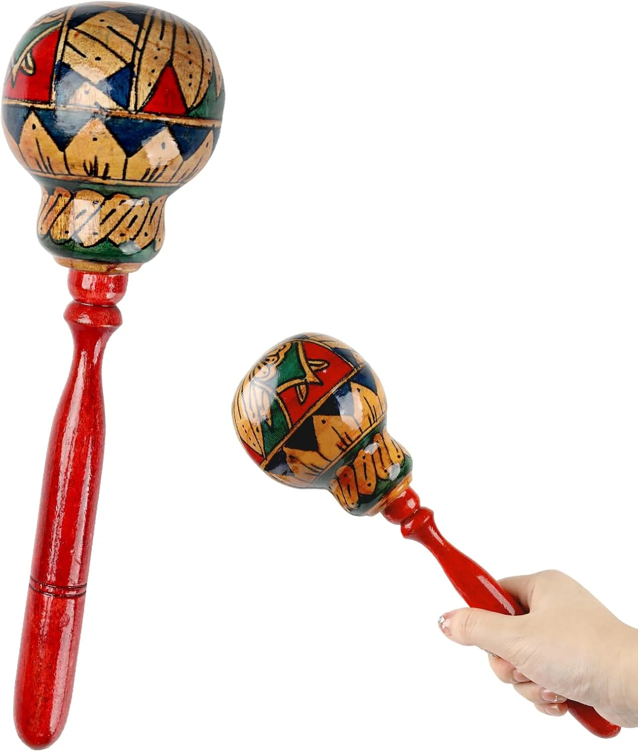 ماراکای چوبی دست ساز برای بزرگسالان، 27 سانتی متر ساز کوبه ای آفریقایی حرفه ای، شیکر رومبا با نقاشی دستی، ساز موسیقی، مناسب مهمانی های مکزیکی (قرمز - 1 عدد)