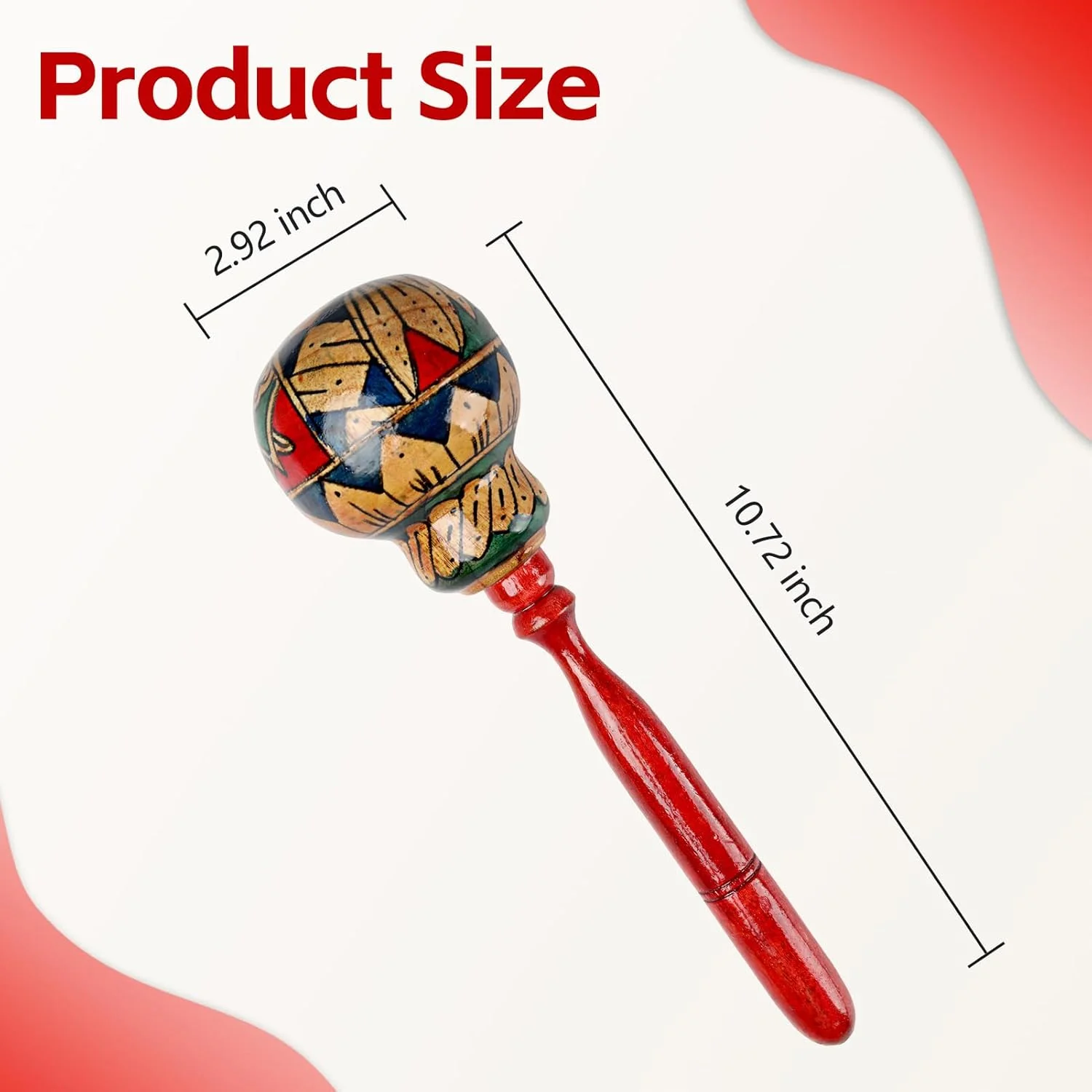 ماراکای چوبی دست ساز برای بزرگسالان، 27 سانتی متر ساز کوبه ای آفریقایی حرفه ای، شیکر رومبا با نقاشی دستی، ساز موسیقی، مناسب مهمانی های مکزیکی (قرمز - 1 عدد)