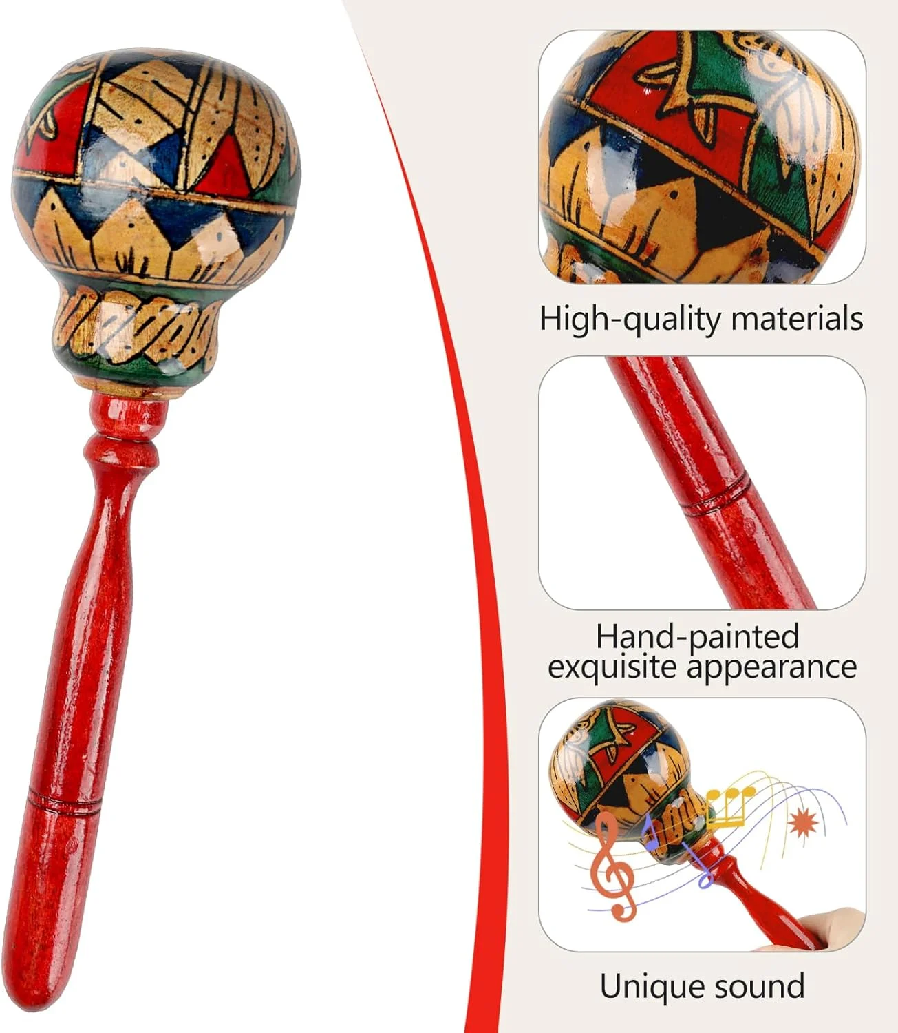 ماراکای چوبی دست ساز برای بزرگسالان، 27 سانتی متر ساز کوبه ای آفریقایی حرفه ای، شیکر رومبا با نقاشی دستی، ساز موسیقی، مناسب مهمانی های مکزیکی (قرمز - 1 عدد)