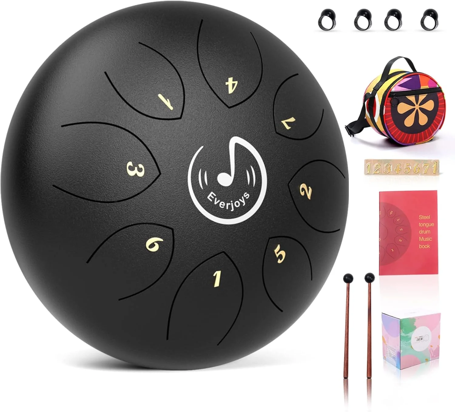 درام زبانی فولادی برای فضای باز - درام هشت نت ۶ اینچی، ساز کوبه ای هندپن به همراه کیف، کتاب موسیقی، چکش و انگشتانه برای مدیتیشن، شفابخشی، کنسرت و یوگا (مشکی)