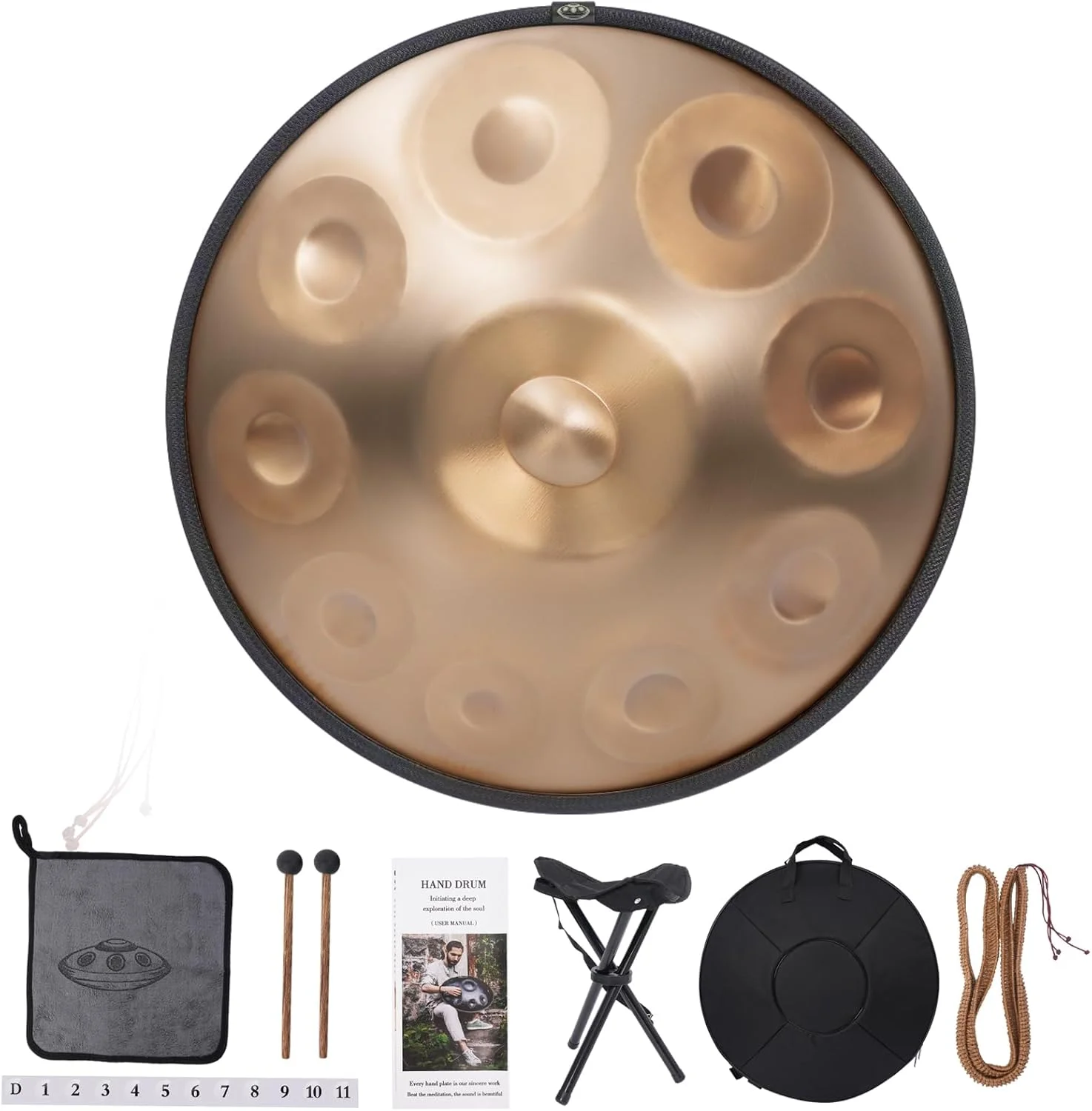 هندپن درام 432 هرتز با 10 نت D مینور کرد 22 اینچ - ساز موسیقی مدیتیشن و شفابخش صدا، هندپن فولادی نیتریدی ممتاز برای بزرگسالان، طلایی با پایه و لوازم جانبی