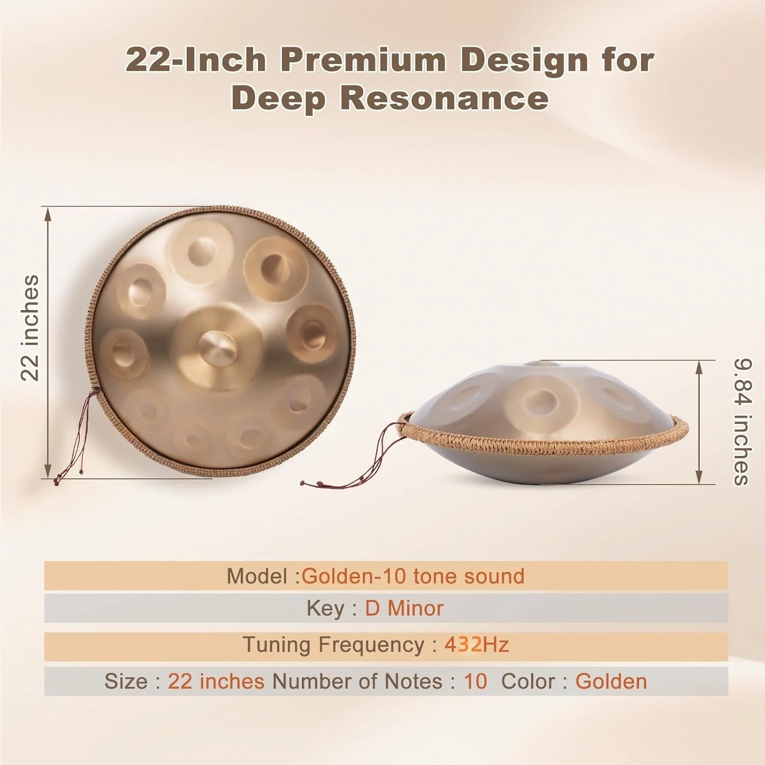 هندپن درام 432 هرتز با 10 نت D مینور کرد 22 اینچ - ساز موسیقی مدیتیشن و شفابخش صدا، هندپن فولادی نیتریدی ممتاز برای بزرگسالان، طلایی با پایه و لوازم جانبی هندپن درام 432 هرتز با 10 نت D مینور کرد 22 اینچ - ساز موسیقی مدیتیشن و شفابخش صدا، هندپن فولادی نیتریدی ممتاز برای بزرگسالان، طلایی با پایه و لوازم جانبی