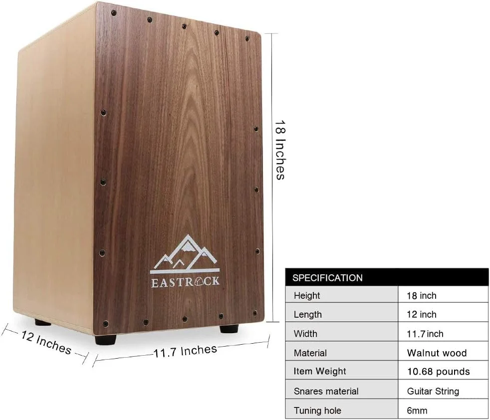جعبه درام کاخن چوبی گردو EASTROCK (30.48×29.71×45.72 سانتی متر) با سیم های گیتار داخلی - ساز کوبه ای چوبی سایز کامل برای مبتدیان و حرفه ای ها به همراه کیف