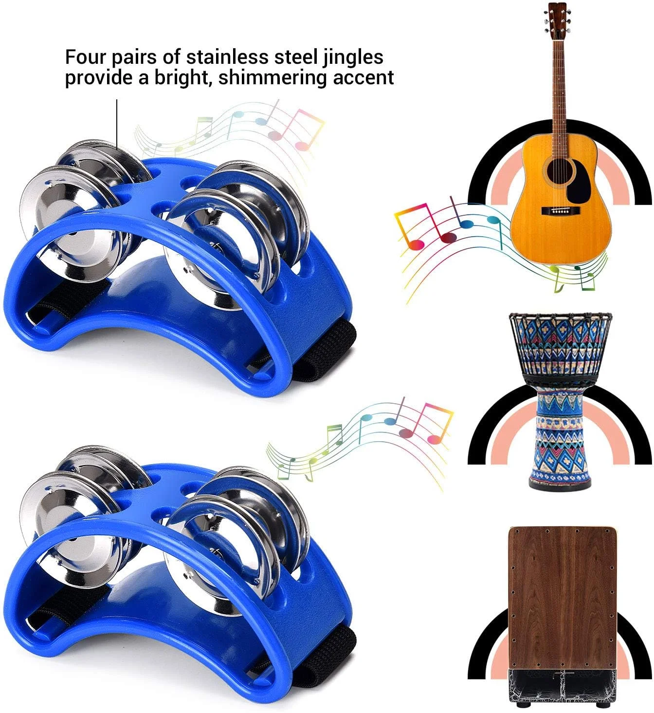 فَکمُگو ۲ عدد دایره زنگی پا با زنگوله های فلزی، ساز کوبه ای پا، ست درام پا با نوار الاستیک برای مهمانی رقص، گردهمایی، سرگرمی کارناوال - آبی رویال
