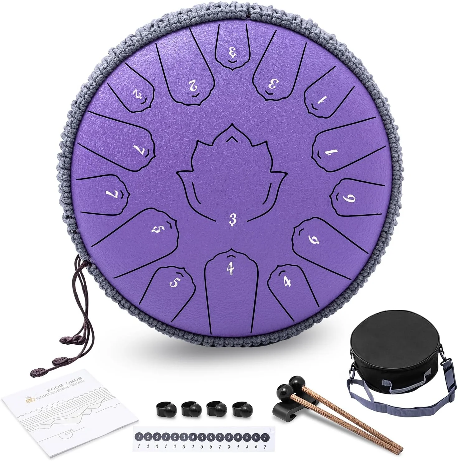 درام زبانی فولادی 13 اینچی 15 نت، درام دستی با کلید C، کیف حمل، چوب درام، نگهدارنده، پدال انگشتی و کتاب موسیقی، ساز کوبه ای هندپن برای آموزش موسیقی، مدیتیشن، یوگا، هدیه (اسطوخودوس)