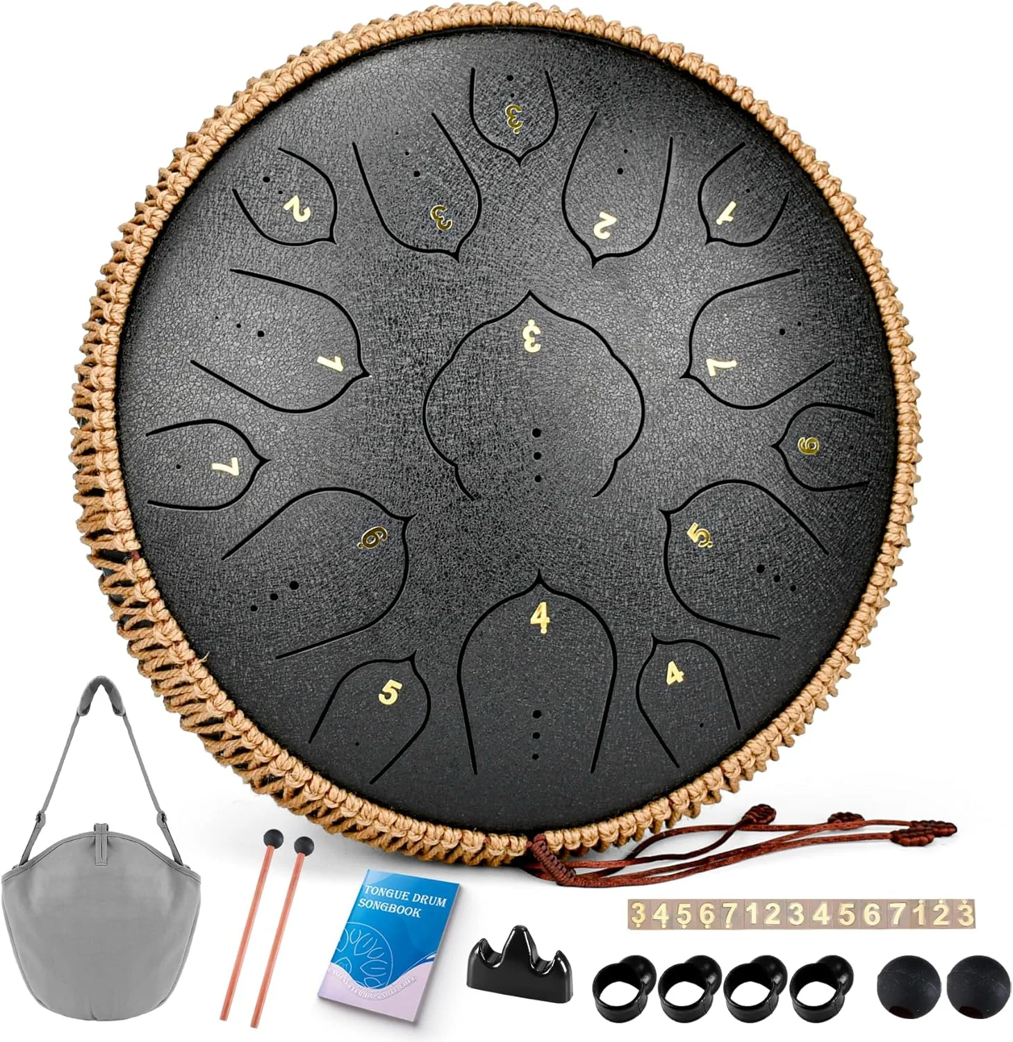درام زبانی فولادی - درام فولادی 15 نت - ساز درام هندپن 14 اینچی با کتاب موسیقی، چکش های ساز درام زبانی و کیف حمل، D ماژور مشکی