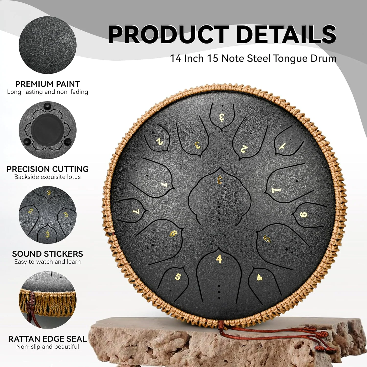 درام زبانی فولادی - درام فولادی 15 نت - ساز درام هندپن 14 اینچی با کتاب موسیقی، چکش های ساز درام زبانی و کیف حمل، D ماژور مشکی