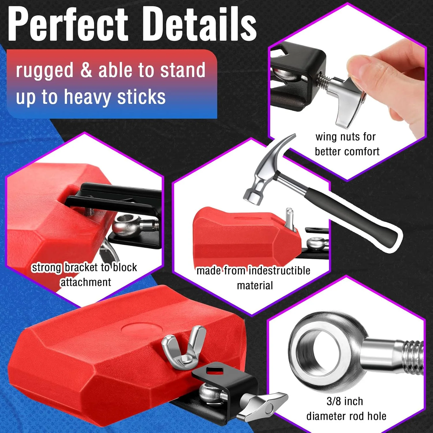 بوآئو 6 تکه بلوک جام درام، ساز کوبه ای با چوب های افرا 5a و براکت قابل تنظیم، سازهای کوبه ای پلاستیکی برای درام لاتین