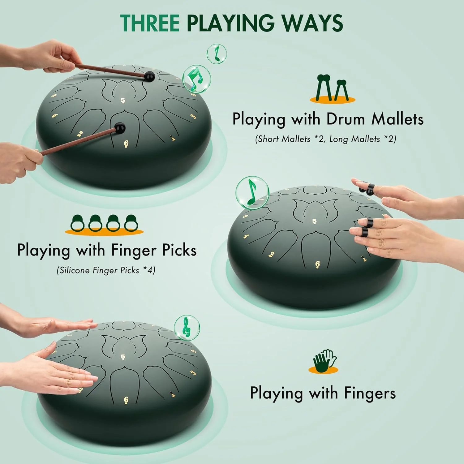 درام زبانی فولادی CAHAYA 12 اینچی: درام دستی کوبه ای فولادی 13 نت با برگه نت موسیقی، چکش های درام، انگشتانه و کیف حمل برای مدیتیشن، سرگرمی، آموزش موسیقی - سبز مریم گلی CY00374-1