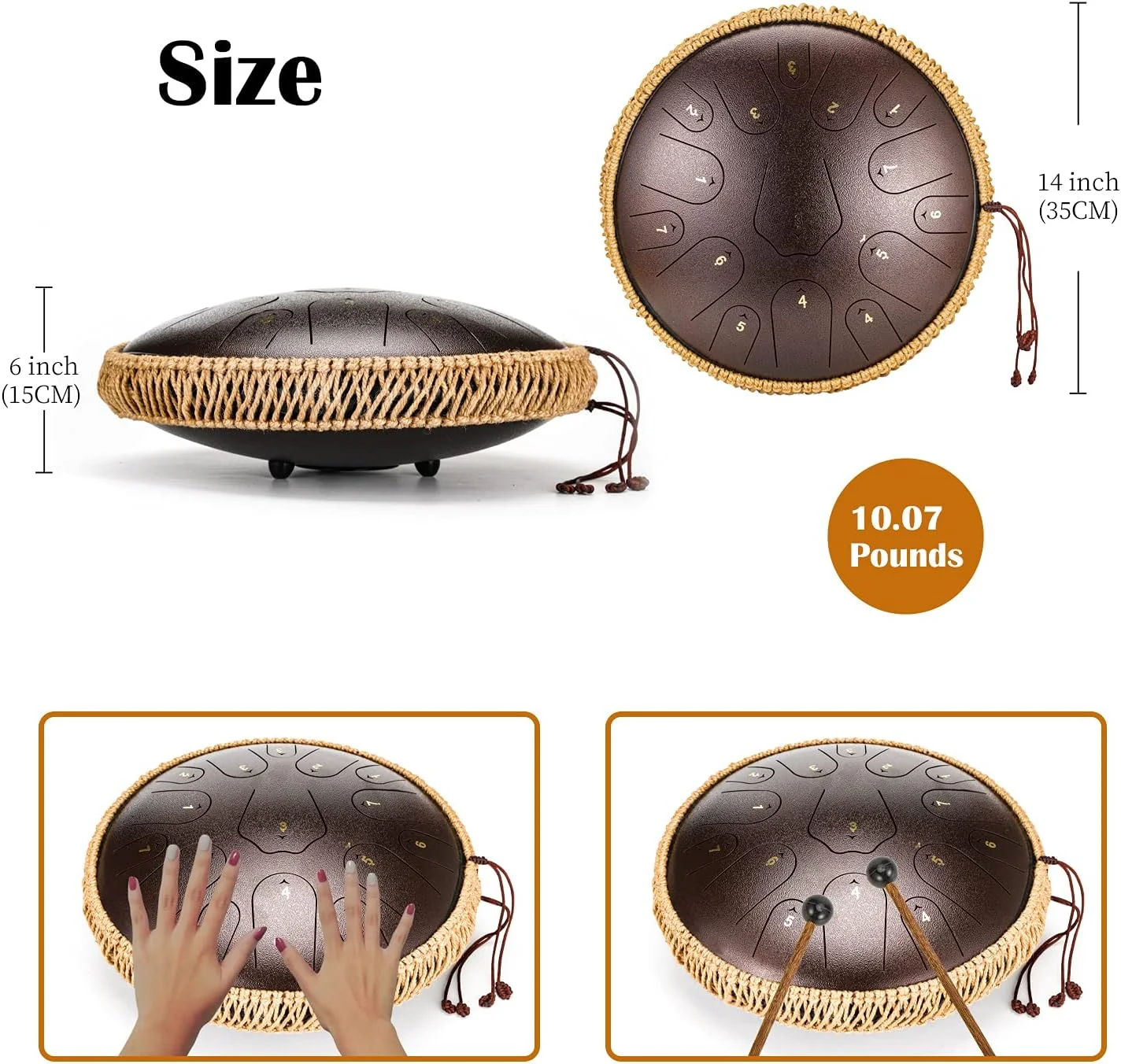 درام زبانی فولادی - ChunFeng 14 اینچ 15 نت - درام های فولادی برای بزرگسالان - درام های دستی با کتاب موسیقی، چکش و کیف حمل، دو ماژور (برنزی)