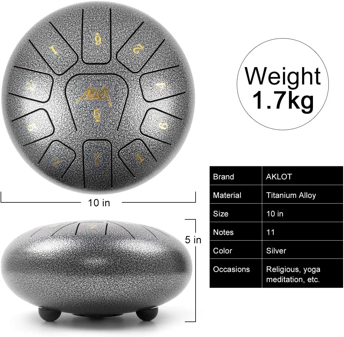 درام زبانی فولادی، درام تانک 10 اینچی 11 نت AKLOT با کلید C به همراه چکش‌های درام، استیکرهای نت، پیک‌های انگشتی، نگهدارنده چکش و کیف