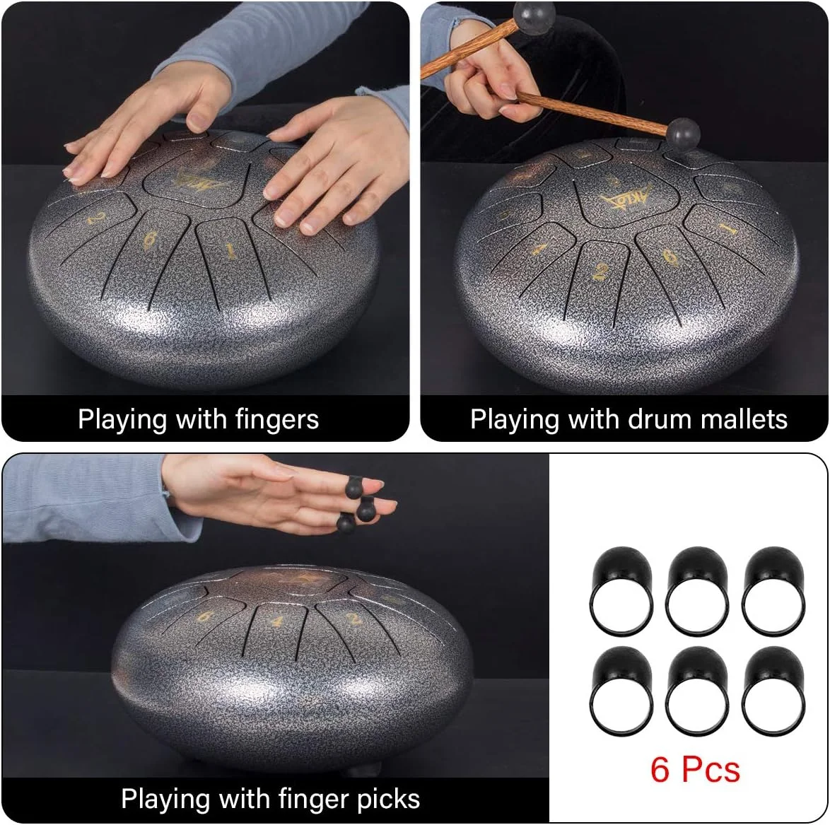 درام زبانی فولادی، درام تانک 10 اینچی 11 نت AKLOT با کلید C به همراه چکش‌های درام، استیکرهای نت، پیک‌های انگشتی، نگهدارنده چکش و کیف