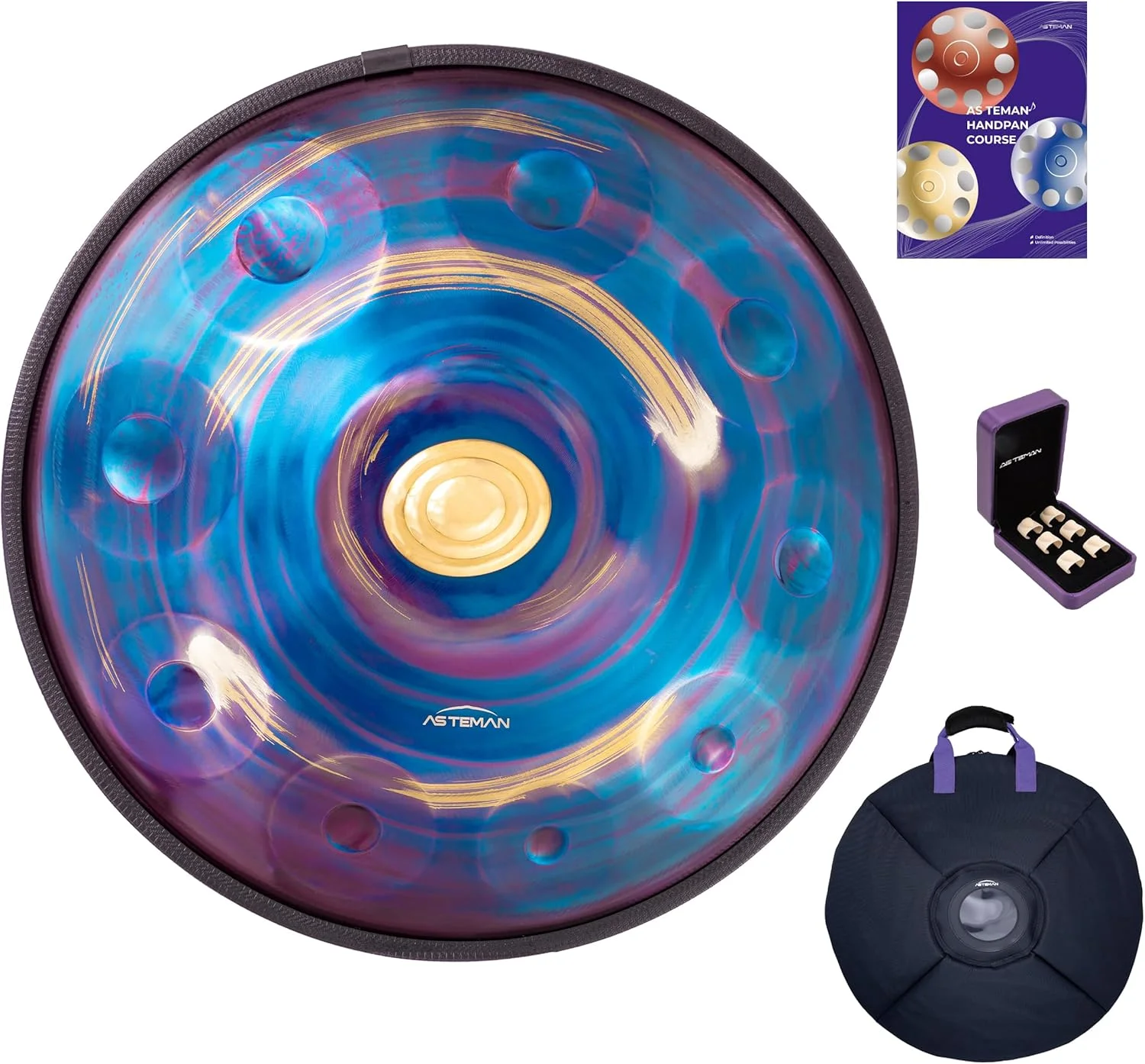 هندپن ASTEMAN در ر مینور، ۴۳۲ هرتز، ۲۲ اینچ با ۱۰ نت، به همراه کوله پشتی، آموزش، محافظ انگشت، پایه، پارچه تمیز کننده و دو عدد مضراب.