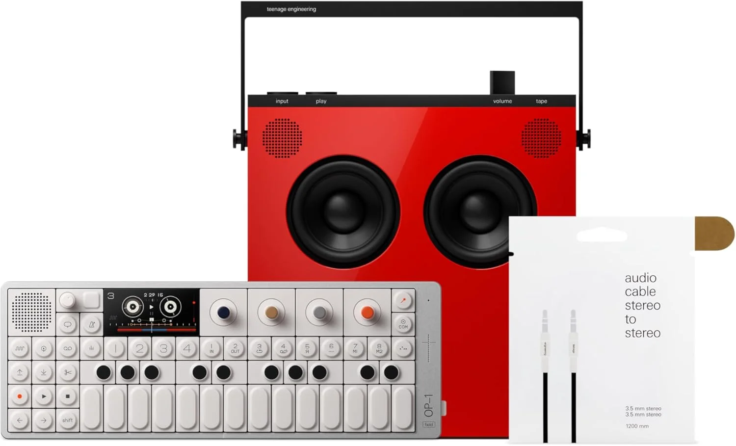 باندل اسپیکر بلوتوثی OB-4 (قرمز) teenage engineering و سینتی سایزر OP-1 field به همراه کابل صوتی پارچه ای 3.5 میلی متری