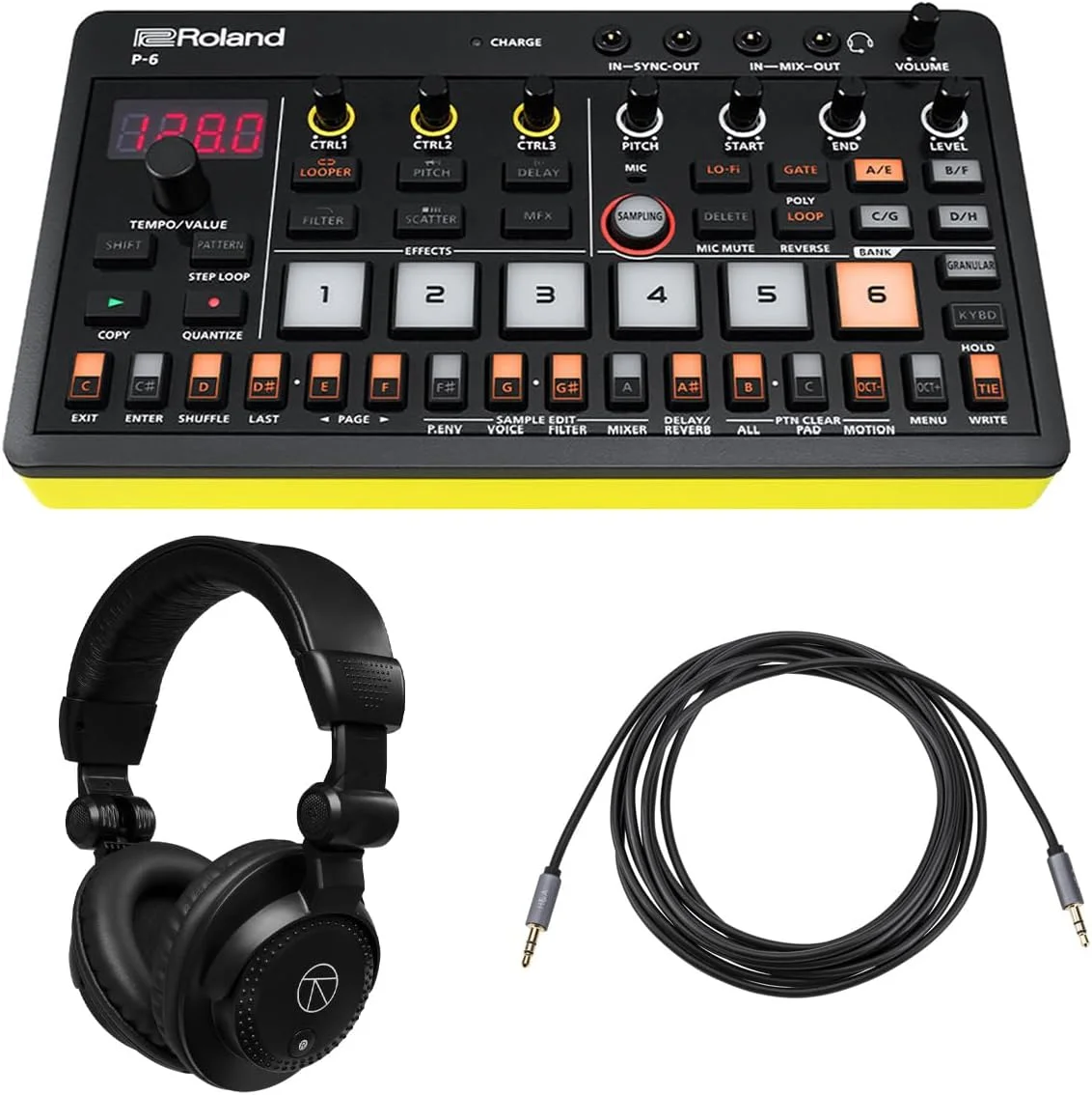 سمپلر خلاقانه جمع و جور Roland P-6 AIRA، به همراه هدفون مانیتور استودیویی پشت بسته TAPH100 و کابل استریو مینی نر به استریو مینی نر 10 فوتی