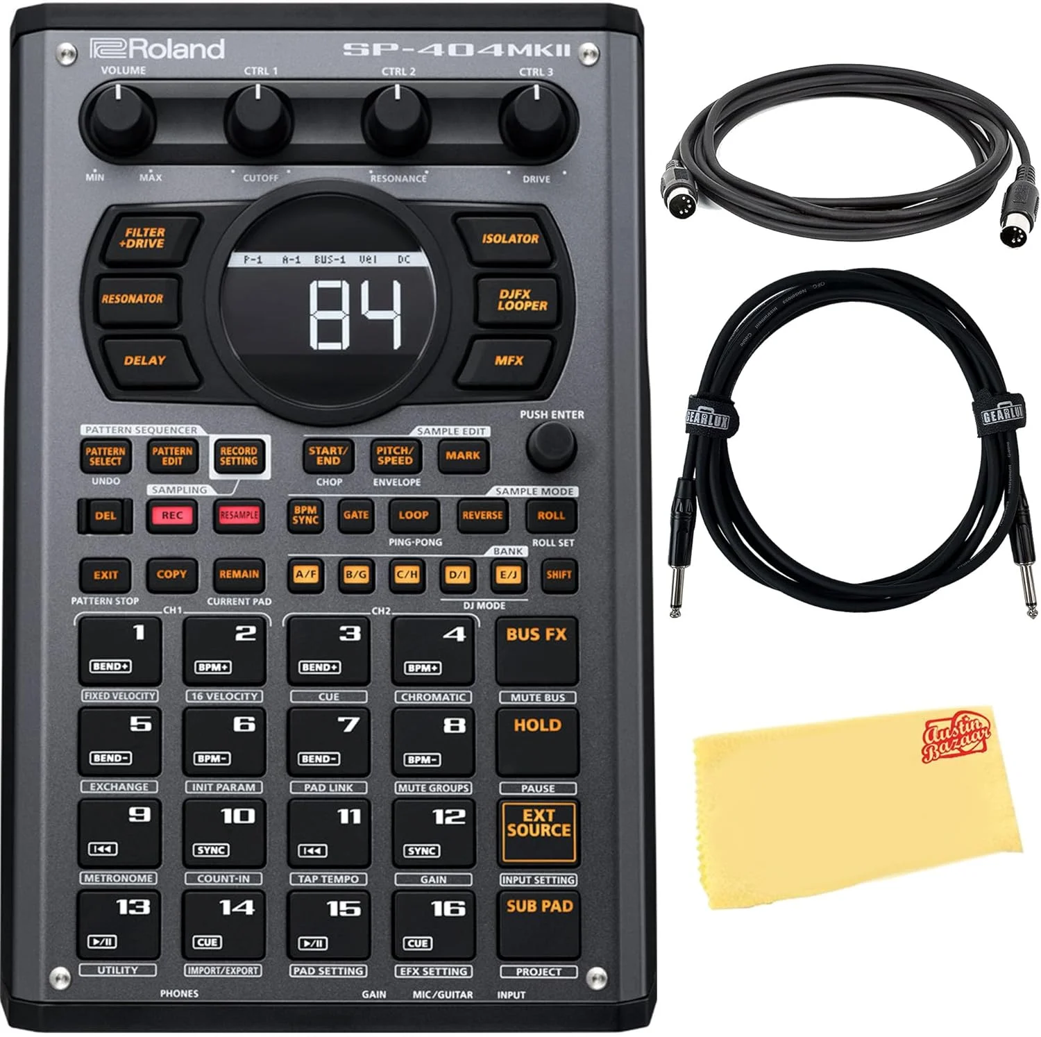 بسته سمپلر و افکتور خلاقانه Roland SP-404MKII به همراه کابل MIDI، کابل ساز و پارچه پولیش Austin Bazaar