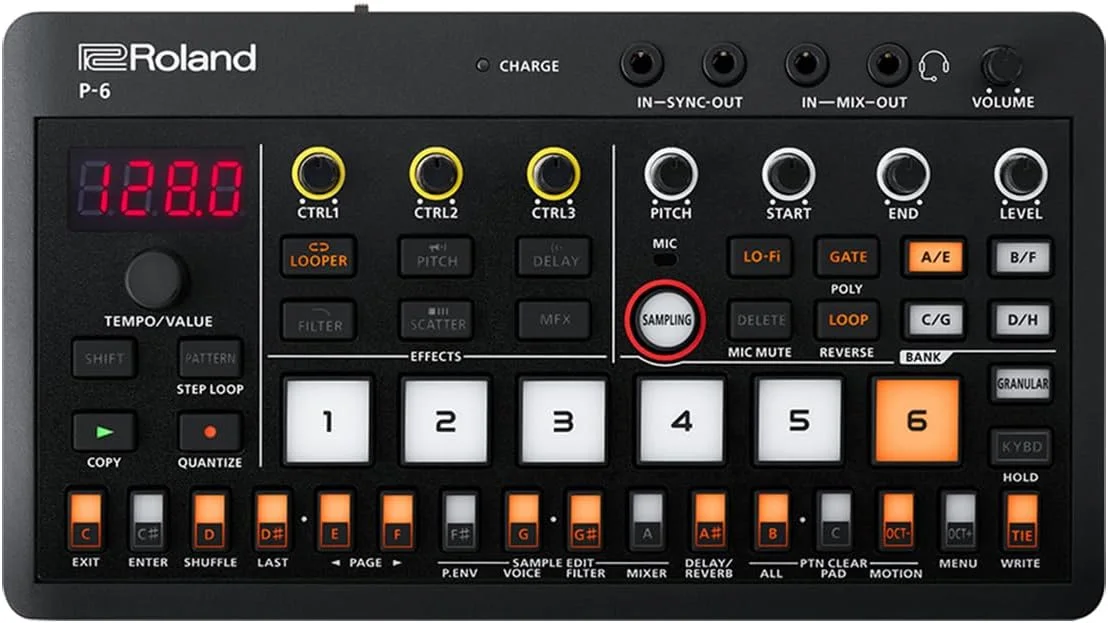 سمپلر خلاقانه جمع و جور Roland P-6 AIRA، به همراه هدفون مانیتور استودیویی پشت بسته TAPH100 و کابل استریو مینی نر به استریو مینی نر 10 فوتی
