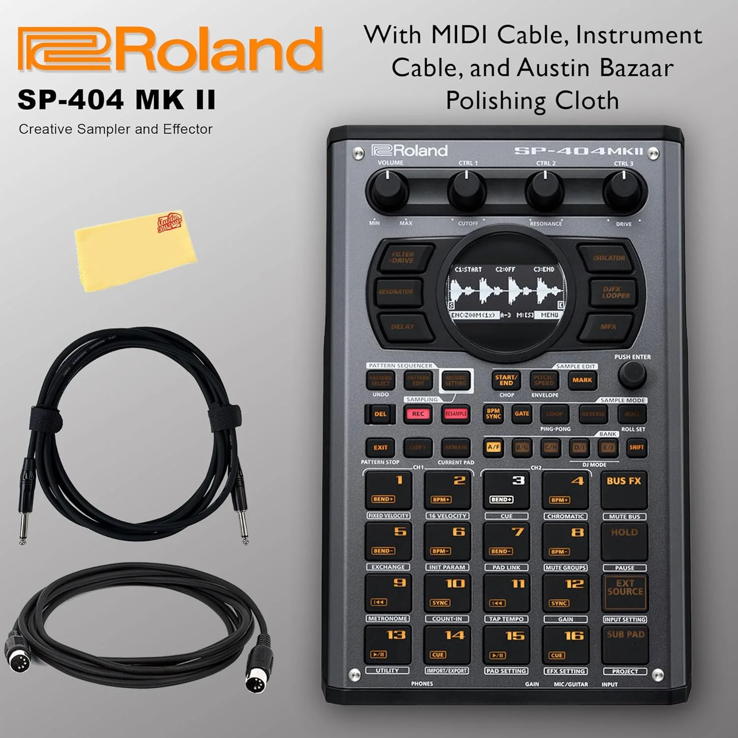 بسته سمپلر و افکتور خلاقانه Roland SP-404MKII به همراه کابل MIDI، کابل ساز و پارچه پولیش Austin Bazaar
