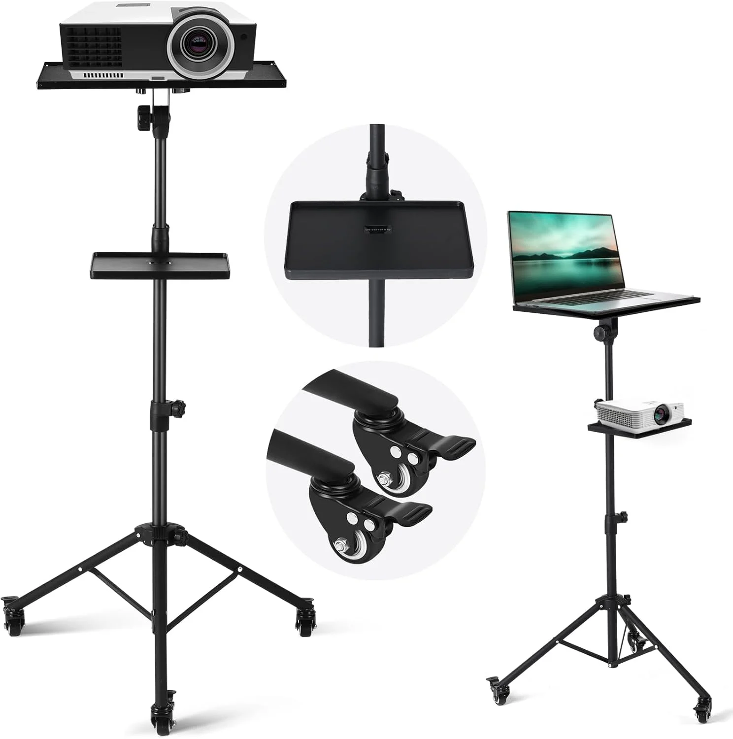 پایه ویدئو پروژکتور زنون با 2 طبقه، سه پایه چرخ دار با سینی ماوس، سه پایه لپ تاپ با ارتفاع قابل تنظیم 55 تا 130 سانتی متر، پایه زمینی چرخ دار قابل حمل برای استیج، دفتر، نت موسیقی، دی جی