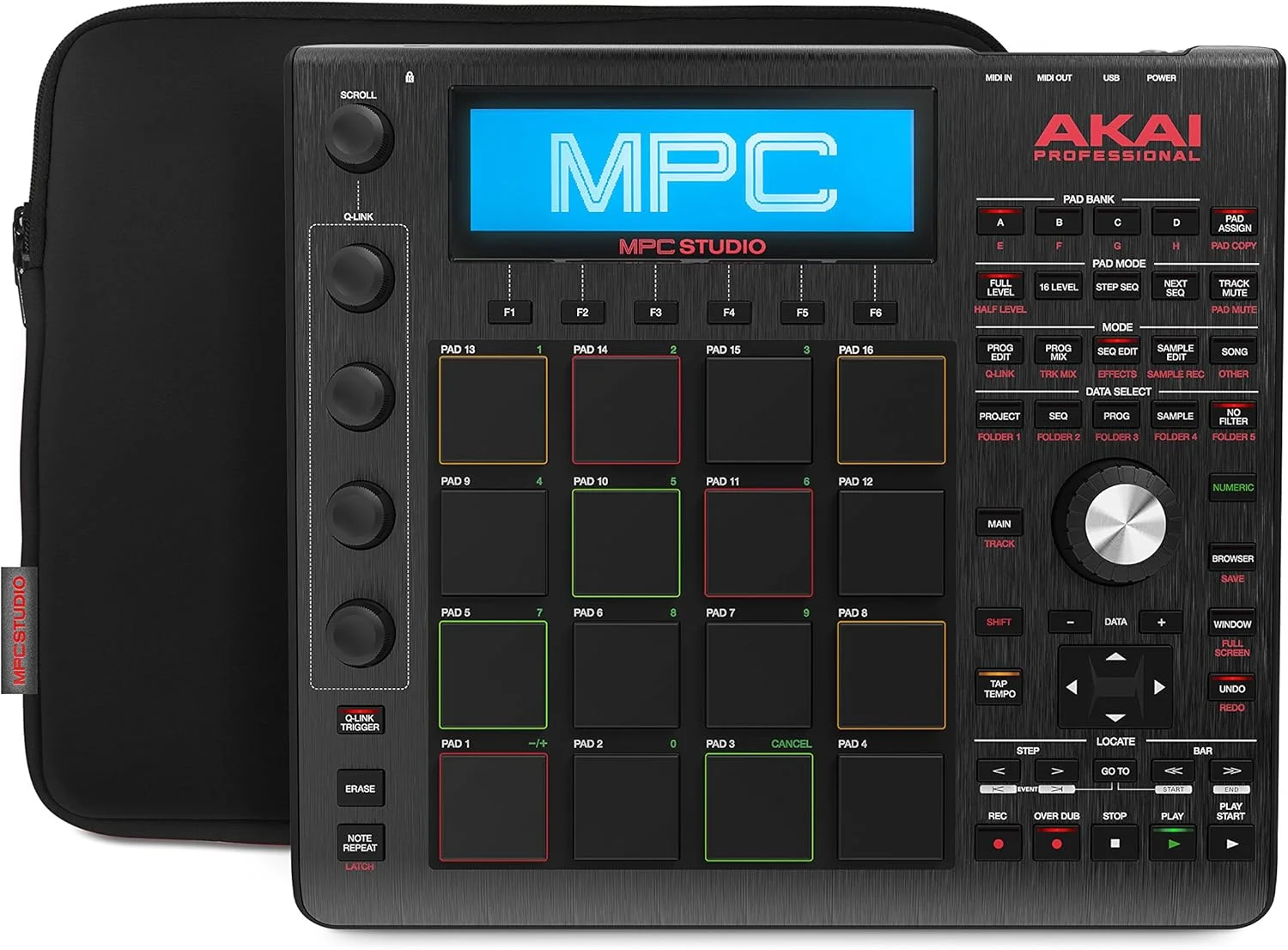 آکای پروفشنال MPC Studio Black – MPC فوق‌العاده قابل حمل با نرم‌افزار MPC (قابل دانلود)، تغذیه از طریق USB، صفحه نمایش LCD، انکودرهای حساس به لمس، بدنه آلومینیومی برس خورده و دکمه چرخشی داده و آستین نئوپرن همراه.