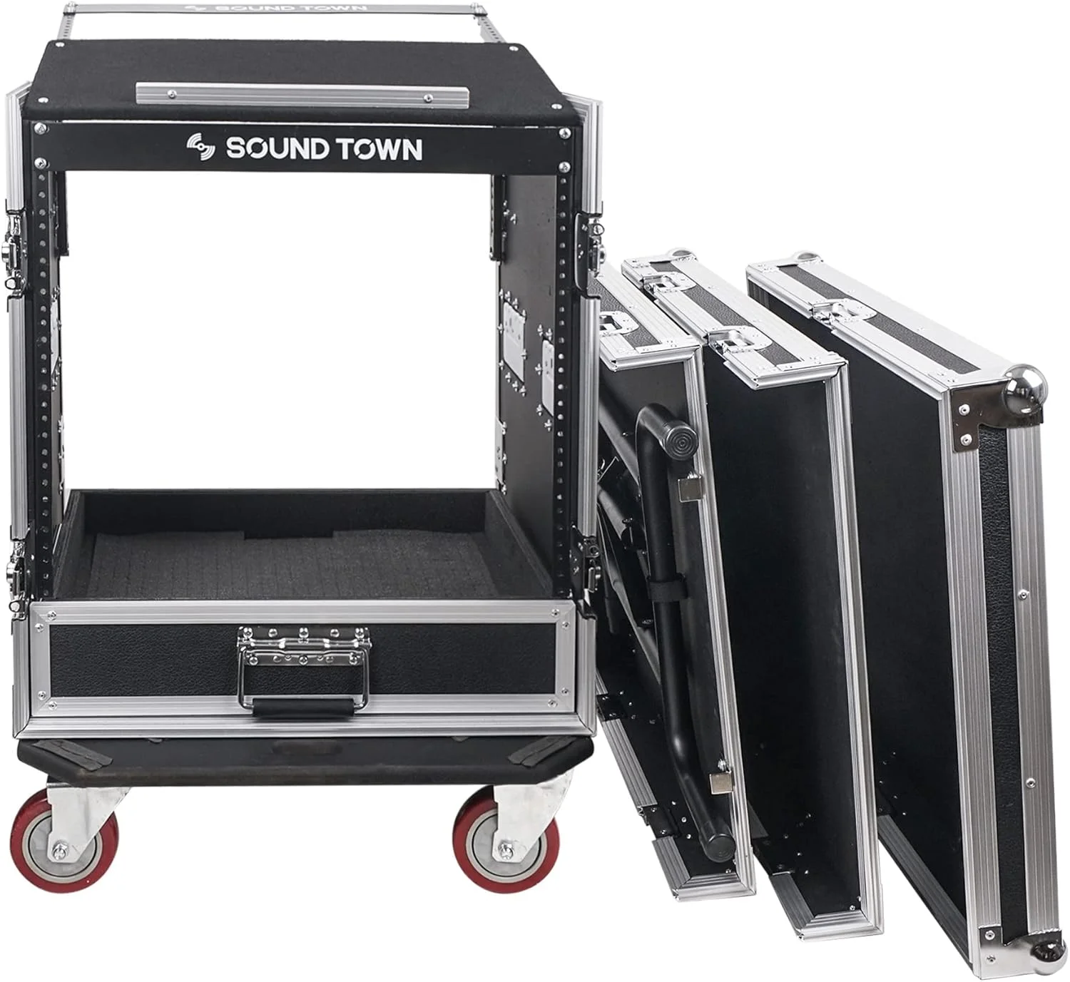 کیف حمل و نقل تجهیزات صوتی حرفه ای Sound Town 12U PA DJ با کشوی 2U، قسمت بالایی شیب دار میکسر 11U، میز کار DJ، چرخ ها، درجه تور حرفه ای (MR-DR12UT)