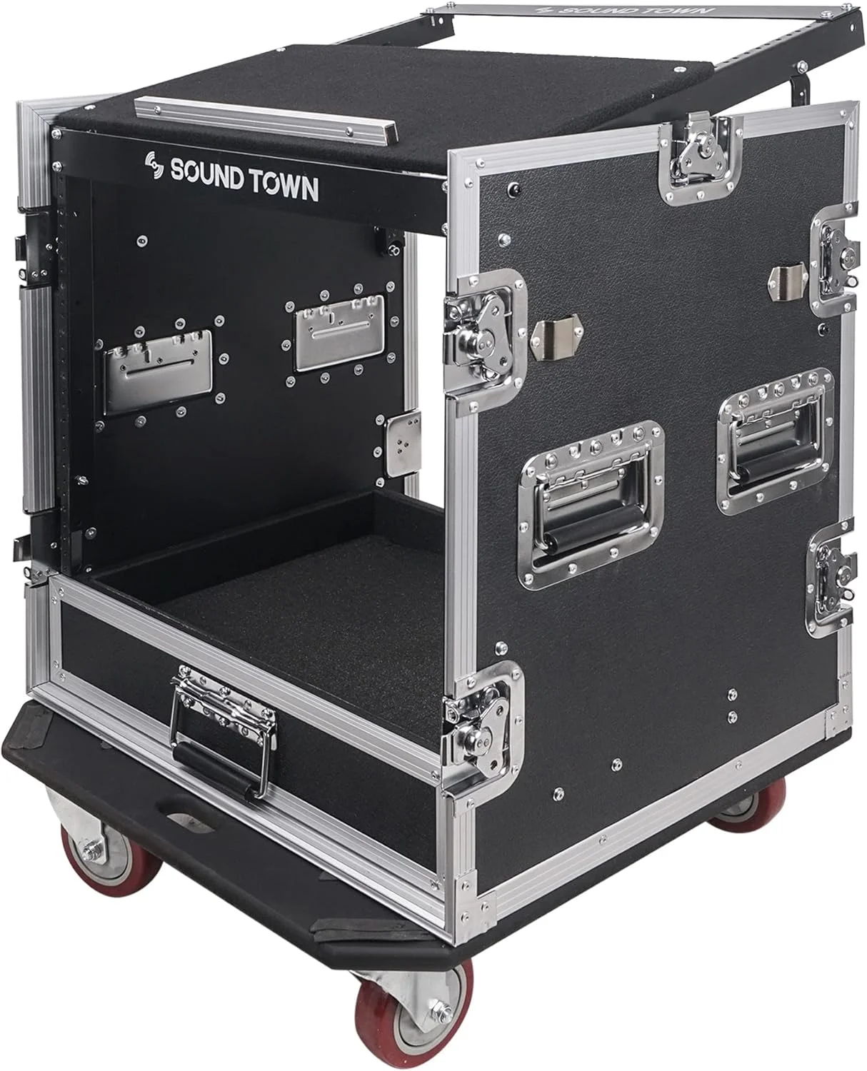 کیف حمل و نقل تجهیزات صوتی حرفه ای Sound Town 12U PA DJ با کشوی 2U، قسمت بالایی شیب دار میکسر 11U، میز کار DJ، چرخ ها، درجه تور حرفه ای (MR-DR12UT)