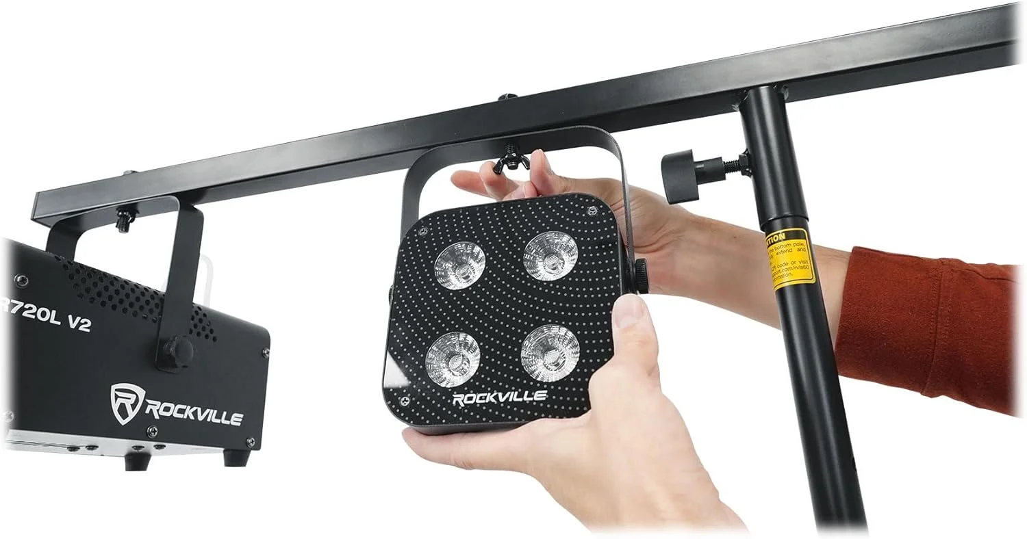 پایه نورپردازی DJ سه پایه قابل حمل Rockville RVLS60، ارتفاع 9 فوت، ظرفیت 60 پوند، دارای دو بازوی تلسکوپی با پین های ایمنی، شامل کیف حمل پد دار