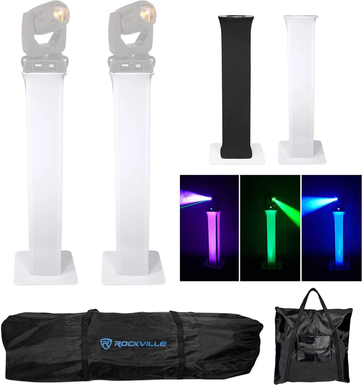 پایه نور متحرک Rockville RTP32W Totem به همراه پارچه های مشکی و سفید و کیف حمل مخصوص چراغ های Chauvet Rogue RH1 Hybrid (2 عدد)