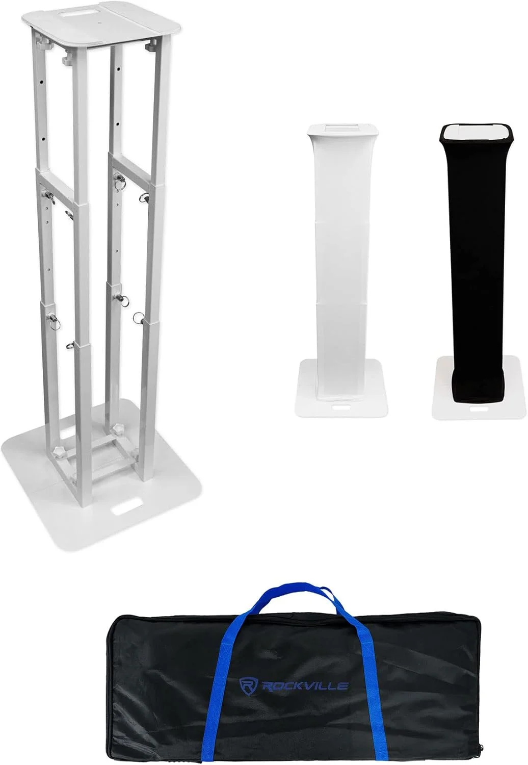 پایه توتم تاشو قابل حمل دی جی Rockville RTP-GO، ظرفیت 60 کیلوگرم، ارتفاع قابل تنظیم 99 تا 178 سانتی متر، پارچه های مشکی/سفید، کیف حمل، مدیریت کابل، برای دی جی های سیار و نورپردازی رویداد، 2 تکه
