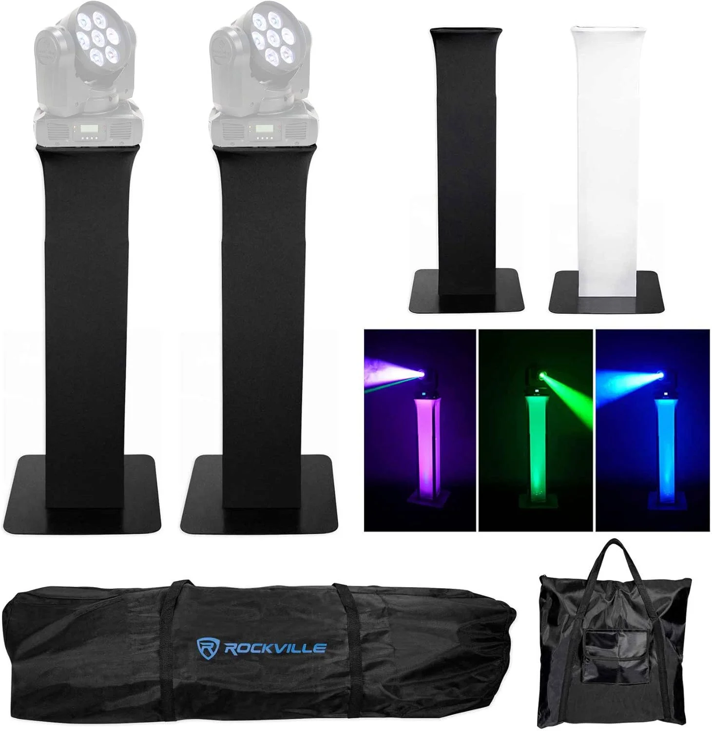 (2) پایه نور متحرک Rockville RTP32B Totem به همراه پارچه های مشکی و سفید و کیف حمل مناسب برای American DJ INNO COLOR BEAM QUAD 7