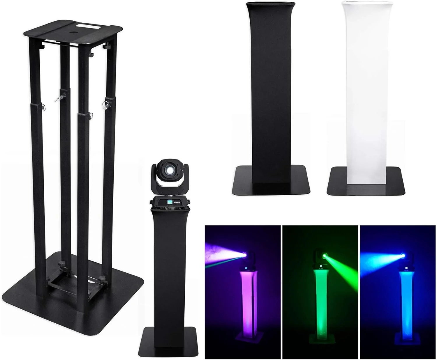 (2) پایه نور متحرک Rockville RTP32B Totem به همراه پارچه های مشکی و سفید و کیف حمل مناسب برای American DJ INNO COLOR BEAM QUAD 7