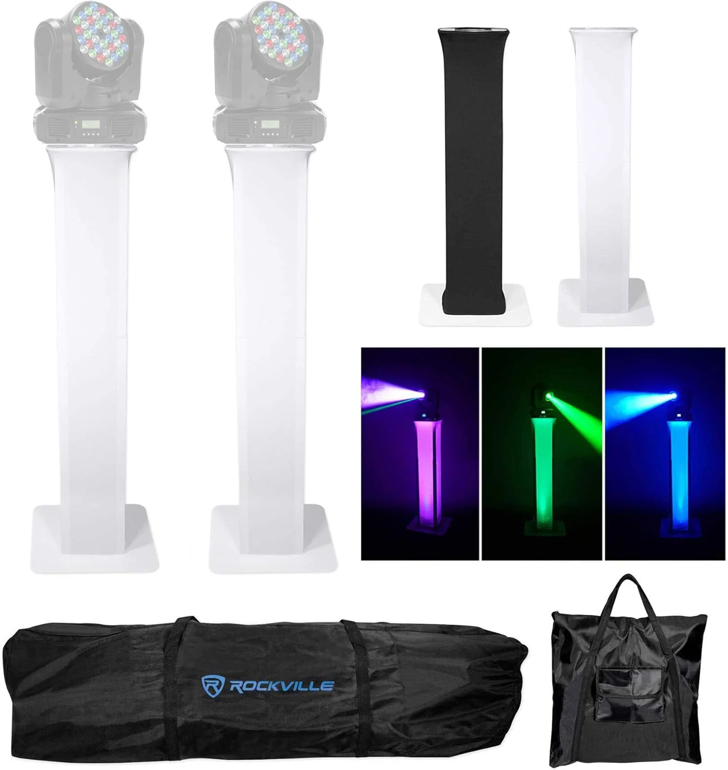 (2) پایه نور متحرک Rockville RTP32W Totem به همراه پارچه های مشکی و سفید + کیف حمل مخصوص چراغ های American DJ INNO COLOR BEAM