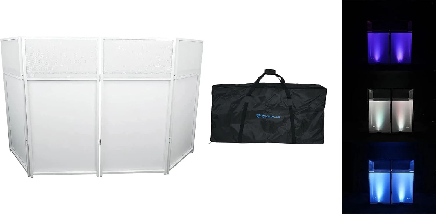 غرفه دی جی Rockville Rockbooth XL سفید 61x122 سانتی متر، میز داخلی، کیف حمل، پارچه های مشکی/سفید، برای دی جی های سیار و متخصصان رویداد