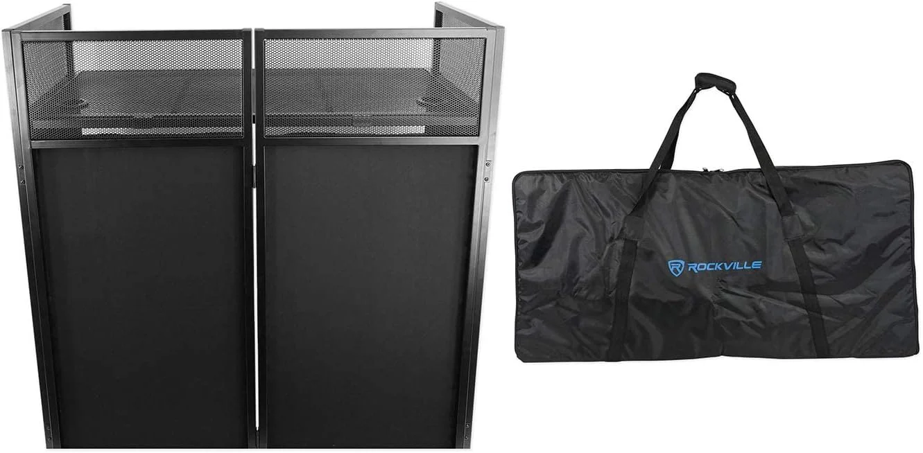 غرفه دی‌جی رویداد Rockville ROCKBOOTH با میز 39.5" x 20"، میز جداشدنی، پارچه‌های مشکی/سفید، کیف حمل، برای دی‌جی‌های سیار و متخصصان رویداد