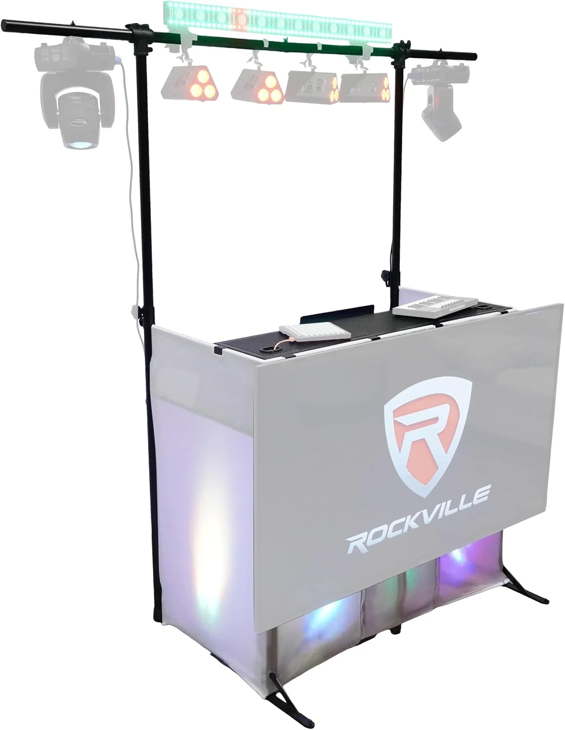 مجموعه کامل میز DJ Rockville ROCKBOOTH PRO PACK با پایه نگهدارنده تلویزیون 70 اینچی، تراس نورپردازی و پارچه های پرده ای، برای DJ های حرفه ای و مجریان رویداد