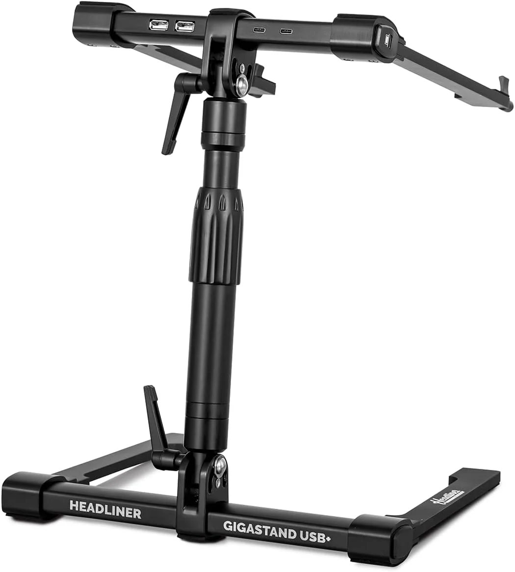 پایه لپ‌تاپ دی‌جی قابل تنظیم Headliner Gigastand USB+ با هاب USB-C یکپارچه - ساختار فولادی و آلومینیومی، طراحی تاشو، گردن تلسکوپی - ایده آل برای دی‌جی‌ها، نوازندگان و سازندگان