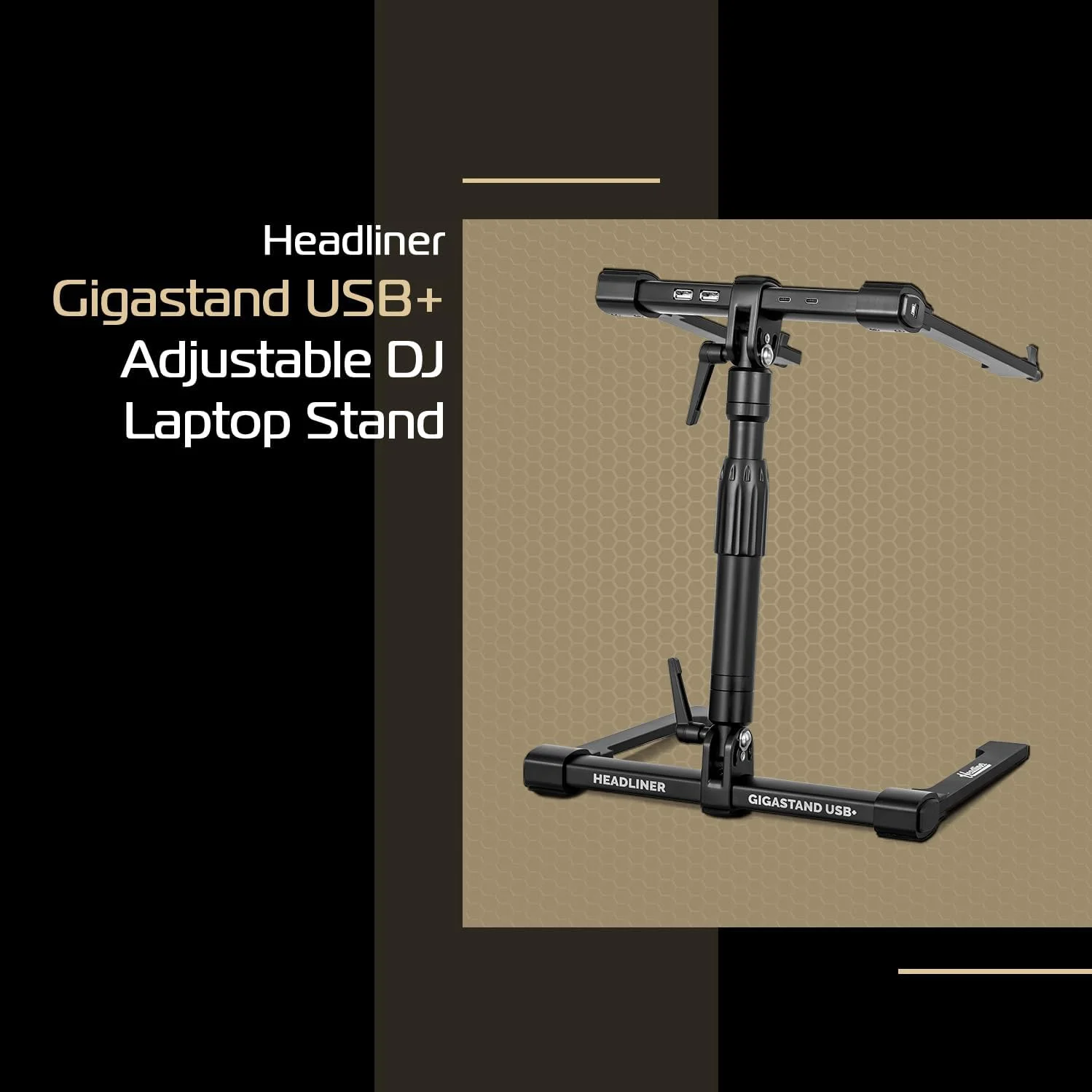 پایه لپ‌تاپ دی‌جی قابل تنظیم Headliner Gigastand USB+ با هاب USB-C یکپارچه - ساختار فولادی و آلومینیومی، طراحی تاشو، گردن تلسکوپی - ایده آل برای دی‌جی‌ها، نوازندگان و سازندگان