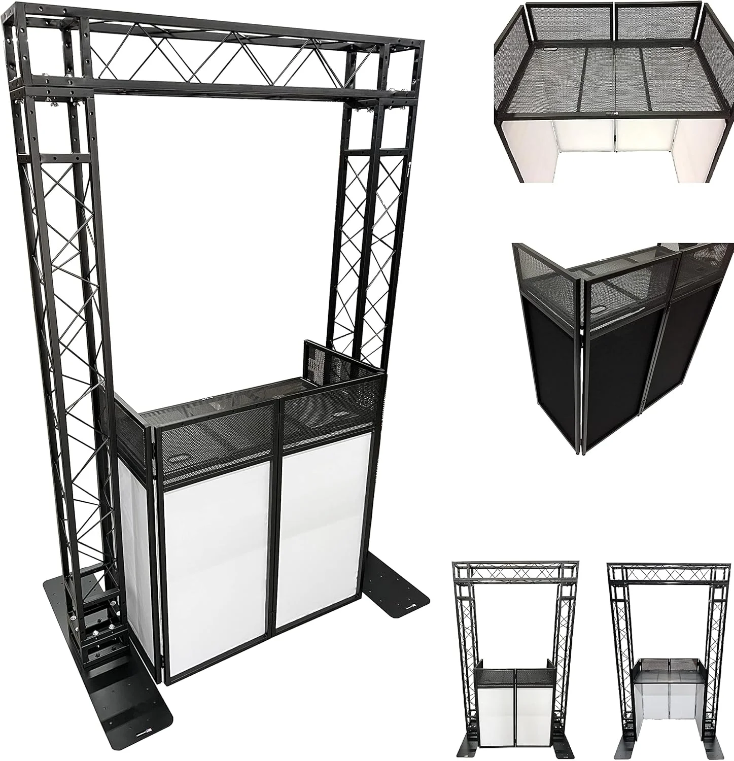 کیت ترکیبی آرک مشکی با ارتفاع 2.3 متر و عرض 1.5 متر + نمای DJ با میز 100x50 سانتی‌متری، سازه خرپای سنگین و نمای DJ سیاه/سفید، کیت ترکیبی همه کاره