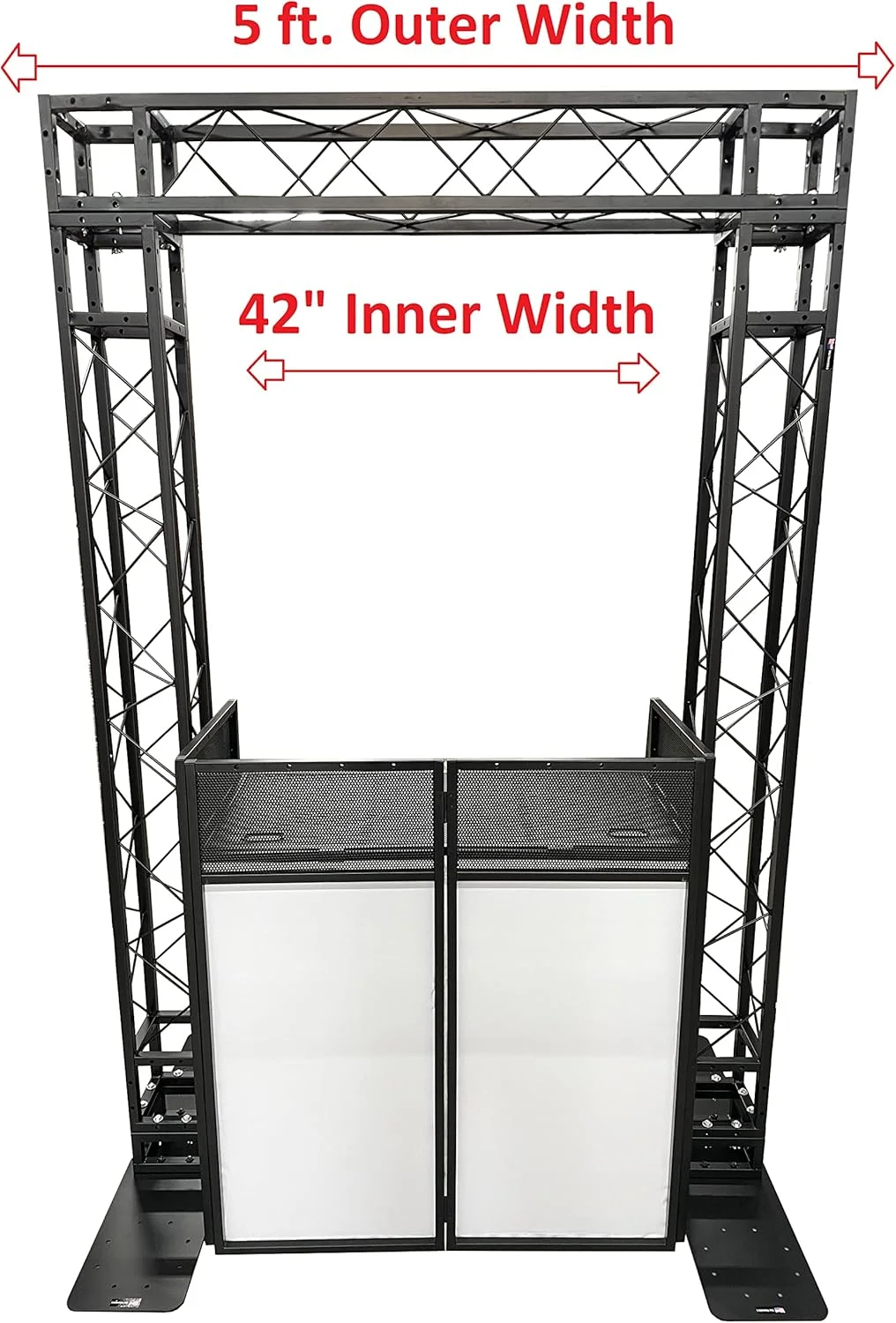 کیت ترکیبی آرک مشکی با ارتفاع 2.3 متر و عرض 1.5 متر + نمای DJ با میز 100x50 سانتی‌متری، سازه خرپای سنگین و نمای DJ سیاه/سفید، کیت ترکیبی همه کاره