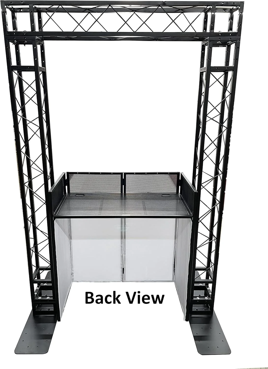 کیت ترکیبی آرک مشکی با ارتفاع 2.3 متر و عرض 1.5 متر + نمای DJ با میز 100x50 سانتی‌متری، سازه خرپای سنگین و نمای DJ سیاه/سفید، کیت ترکیبی همه کاره