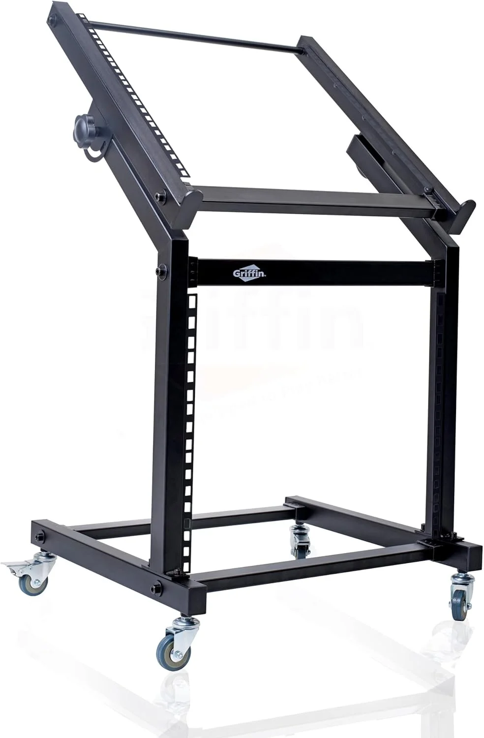 پایه رولینگ رک 19U GRIFFIN (سری StudioZ PROSteel) و ریل های پلتفرم میکسر قابل تنظیم - نگهدارنده چرخ دار برای کابینت ضبط موسیقی صوتی - جعبه نگهداری تجهیزات استیج DJ برای آمپلی فایر