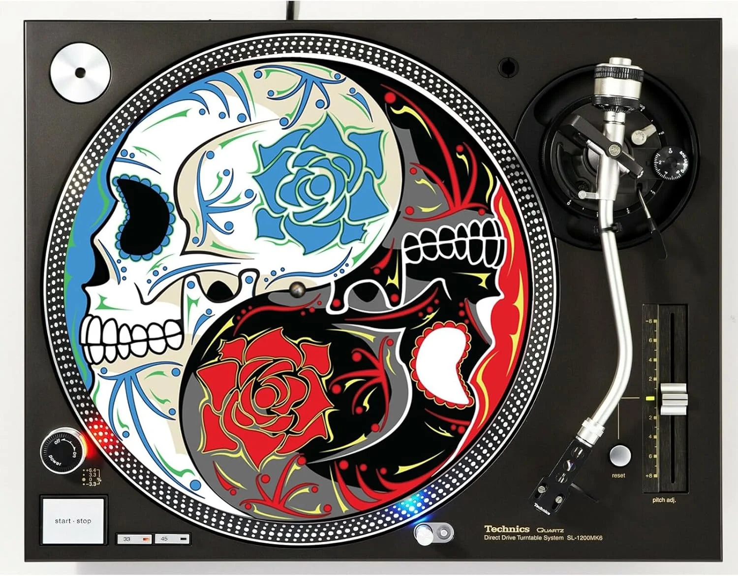 پد ضد لغزش صفحه گرامافون طرح DJ Ying Yang Skull #2، مناسب برای صفحات 12 اینچی