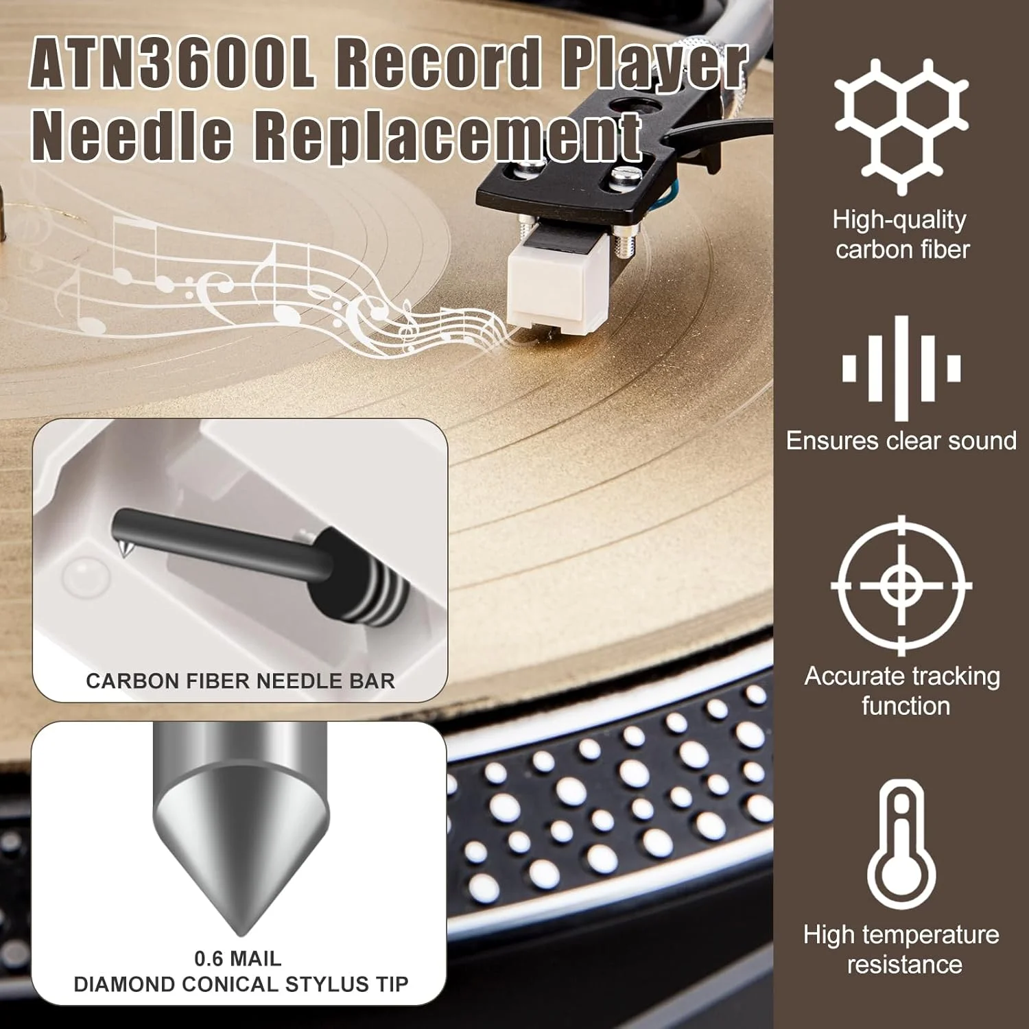 بسته 2 عددی سوزن جایگزین برای گرامافون ATN3600L، سوزن گرامافون سازگار با Audio-Technica AT-LP60X، AT-LP60XBT و AT-LP60XBT-USB، سوزن الماسه گرامافون