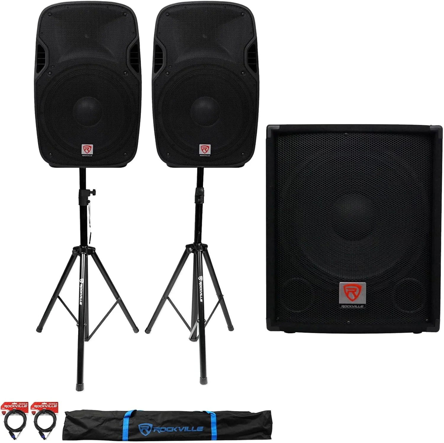 باندل Rockville SPGN158: شامل (2) عدد اسپیکر 15 اینچی پسیو DJ PA با توان پیک 1600 وات/ توان RMS 400 وات، ساب ووفر SBG1154 15 اینچی 400 وات RMS/800 وات پیک 4 اهم، یک جفت پایه سه پایه + (2) عدد کابل 20 فوتی 1/4 به اسپیکون، 6 قطعه