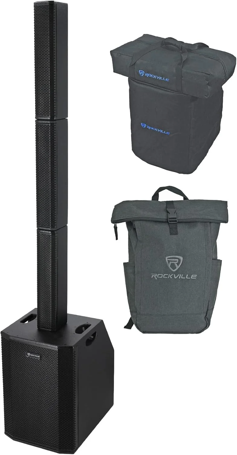 باندل سیستم آرایه ای Rockville Titan V2: اسپیکر ستونی با توان پیک 3200 وات، ساب ووفر دوتایی 10 اینچی، کوله پشتی مقاوم RPAK ذغالی با جیب لپ تاپ پد دار، 2 قلم