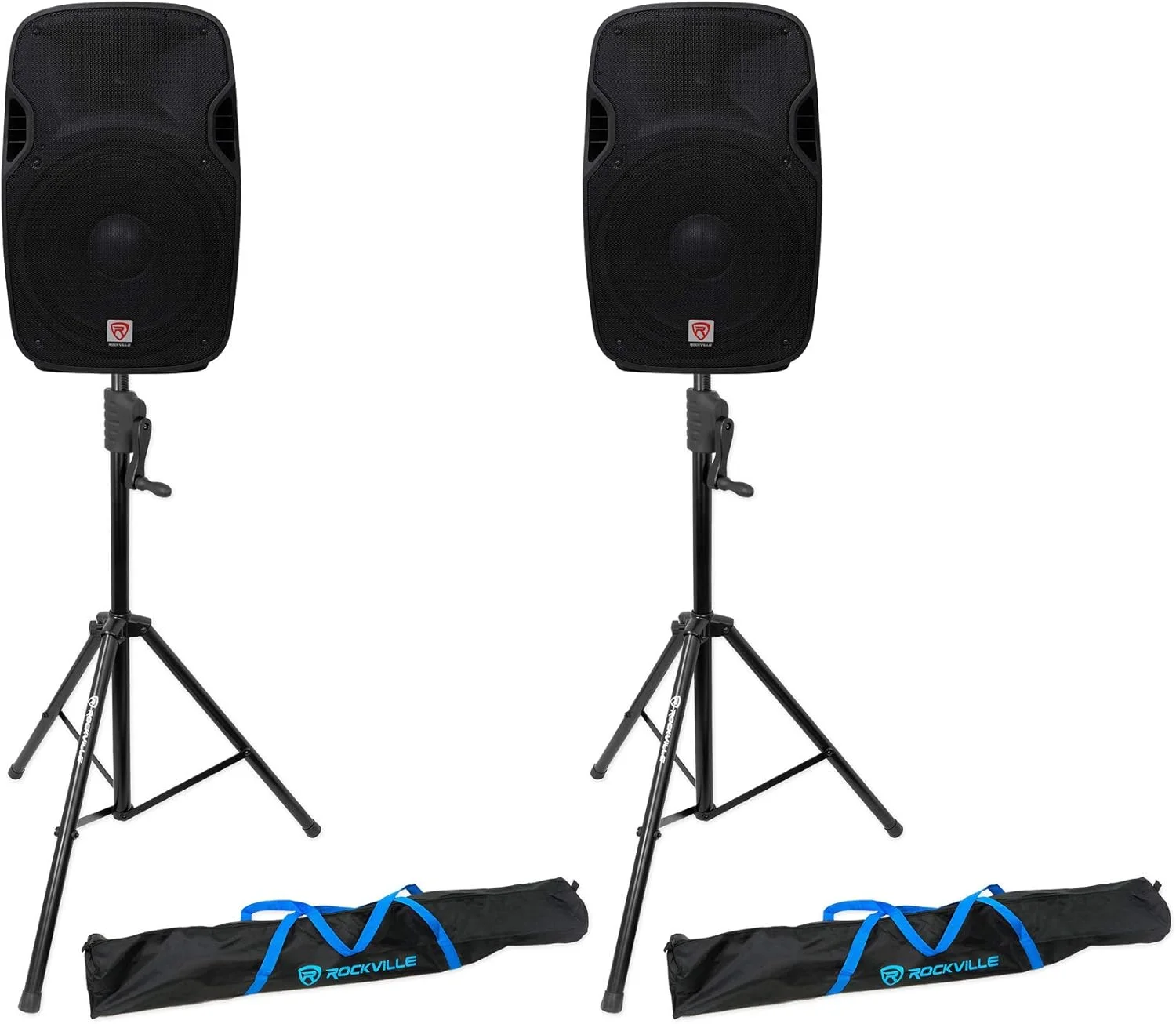 باندل Rockville SPGN158: شامل (2) عدد باند پسیو 15 اینچی 1600 واتی/400 واتی RMS DJ PA، (2) عدد پایه باند سه پایه قابل تنظیم سنگین RVCS2 به همراه کیف حمل، 4 تکه