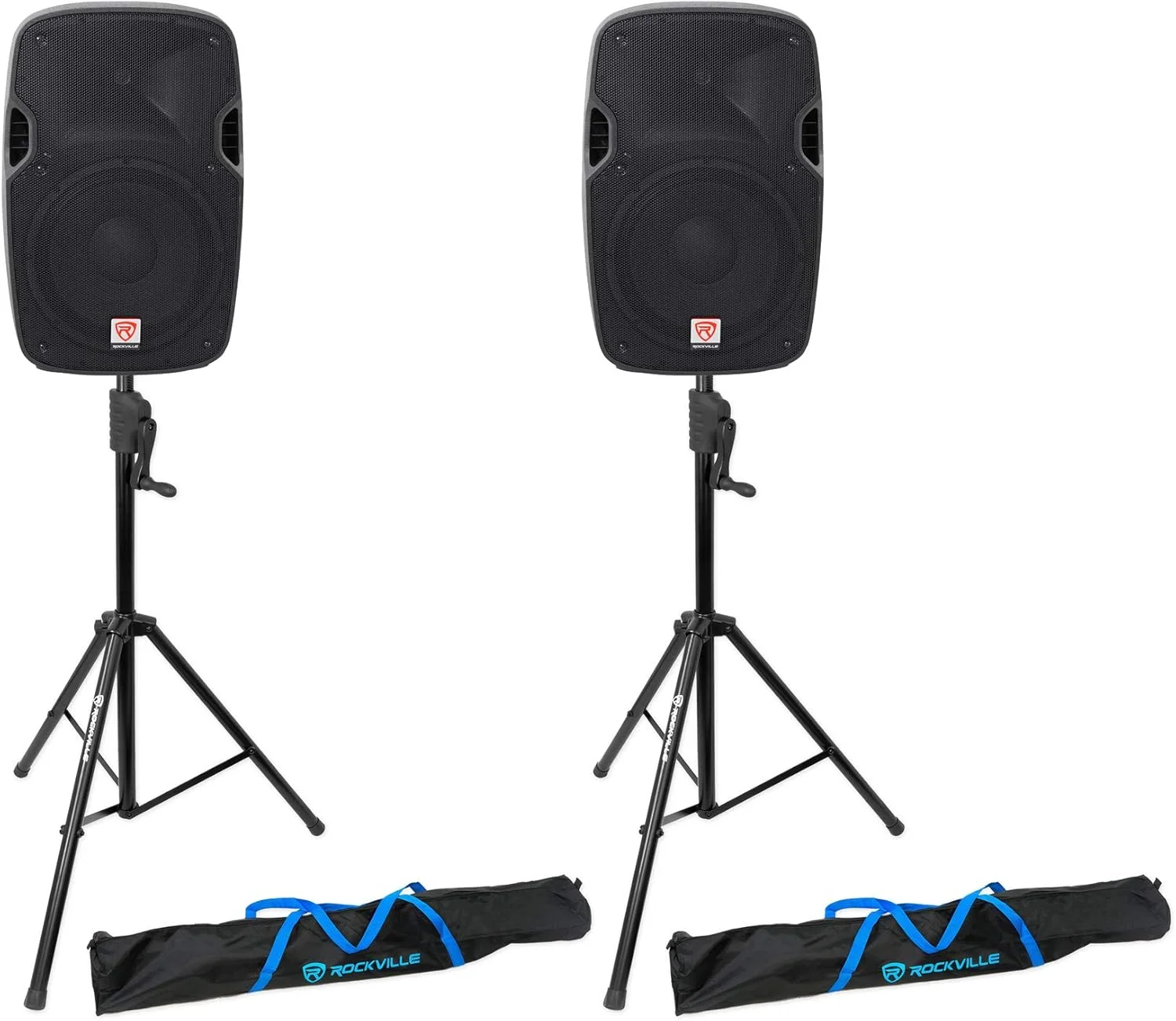 باندل Rockville SPGN128: (2) بلندگوی پسیو 12 اینچی 1200 واتی DJ PA، بلندگوهای 8 اهم DJ/PA، کابینت سبک وزن ABS، (2) پایه بلندگوی سه پایه RVCS2 با کیف حمل، 4 تکه