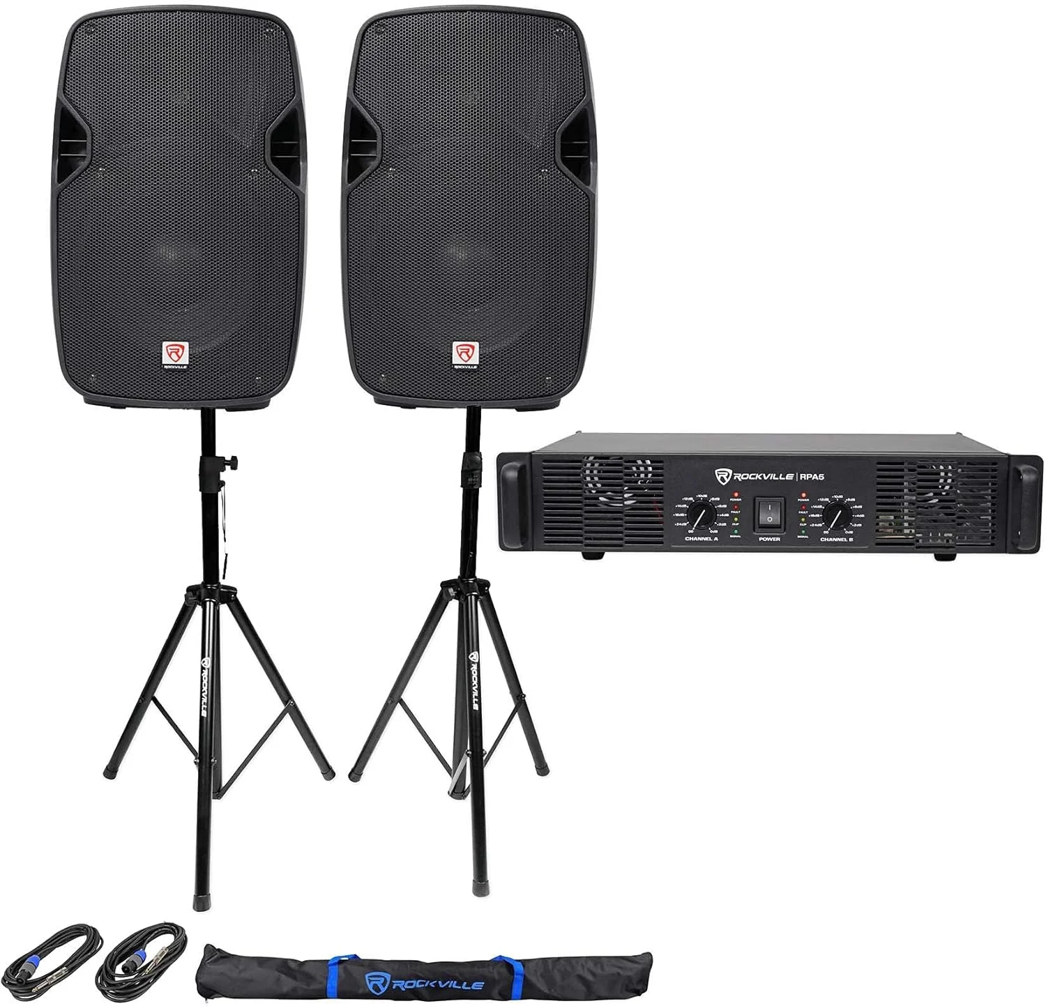 2 عدد بلندگوی پسیو 10 اینچی 800 واتی PA مدل Rockville SPGN104 + آمپلی فایر 1000 واتی Rockville RPA5 + پایه